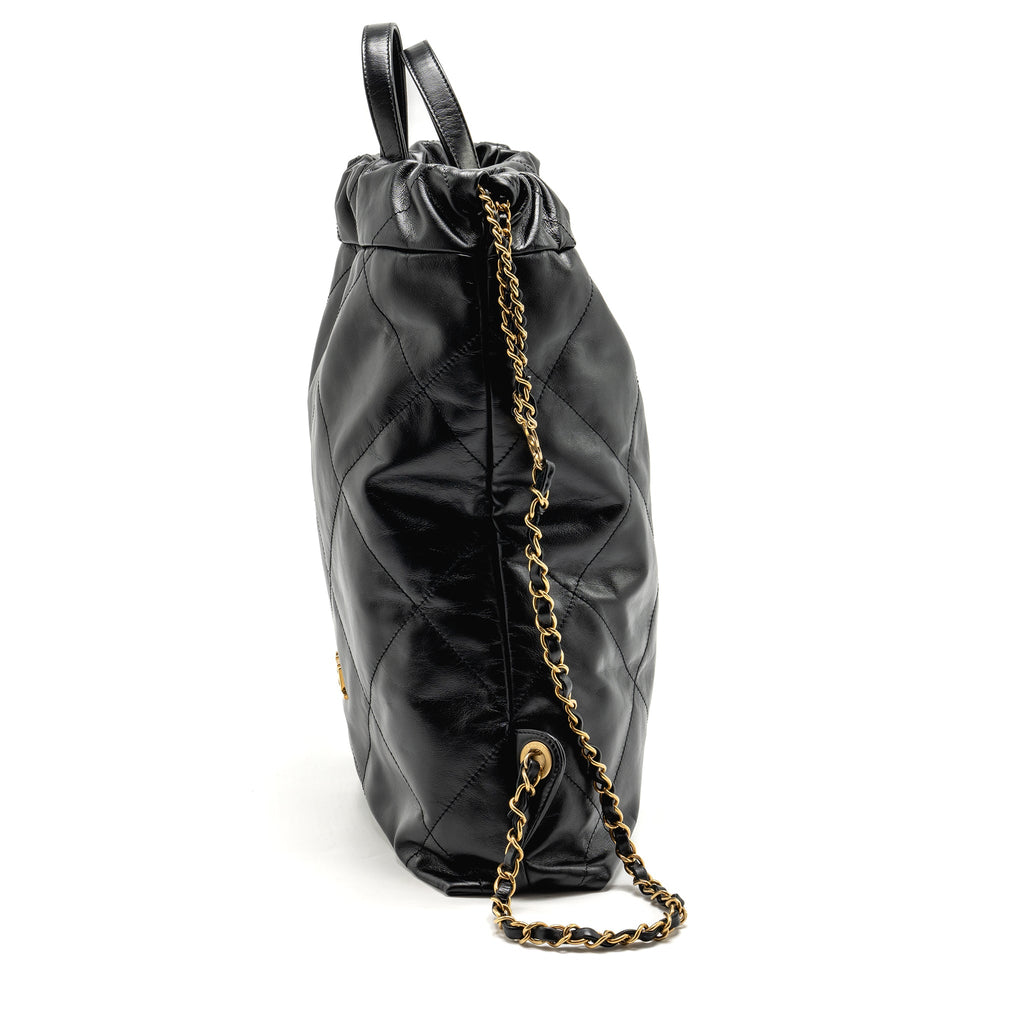 CHANEL LARGE 22 BACKPACK GOLD LETTER LOGO SHINY CALFSKIN BLACK GHW(MICROCHIP)