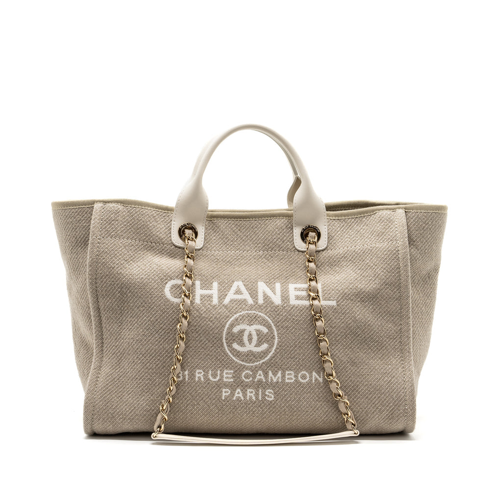 CHANEL DEAUVILLE BAG CANVAS/ LEATHER BEIGE/WHITE GHW (MICROCHIP)