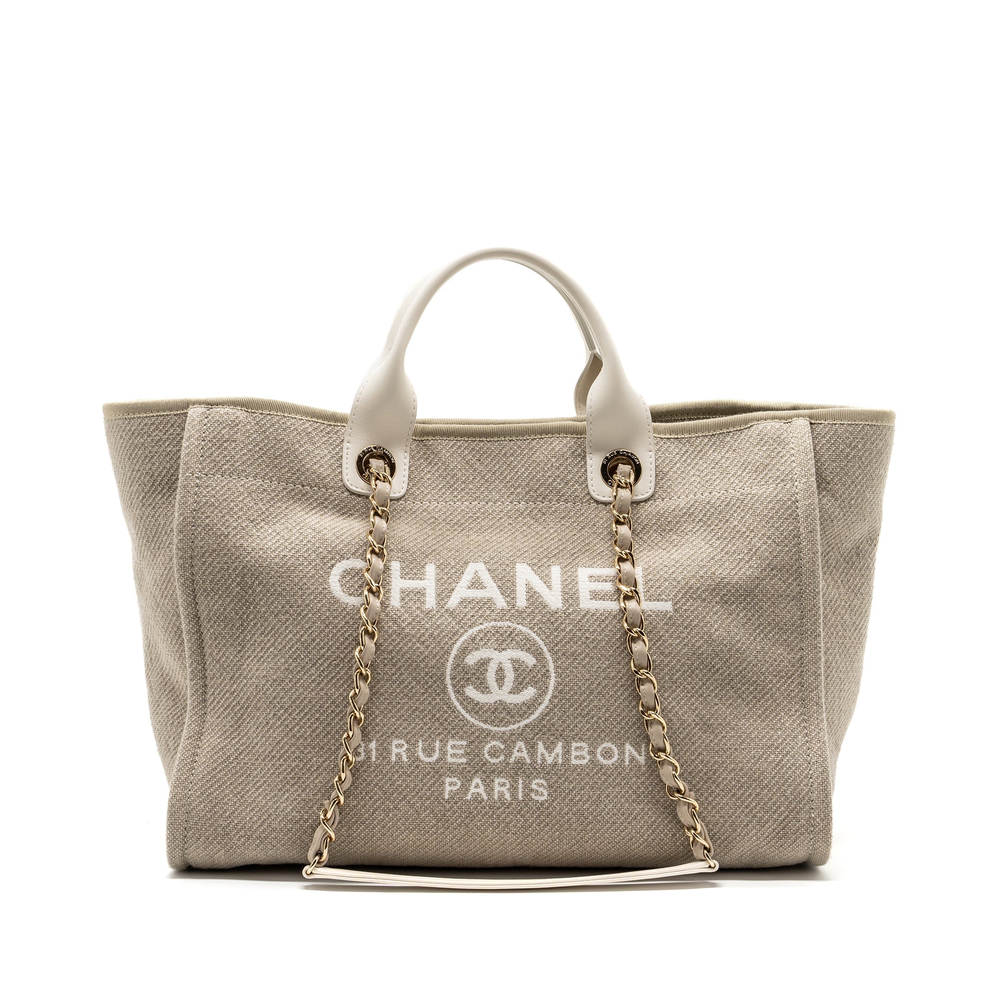 CHANEL DEAUVILLE BAG CANVAS/ LEATHER BEIGE/WHITE GHW (MICROCHIP)