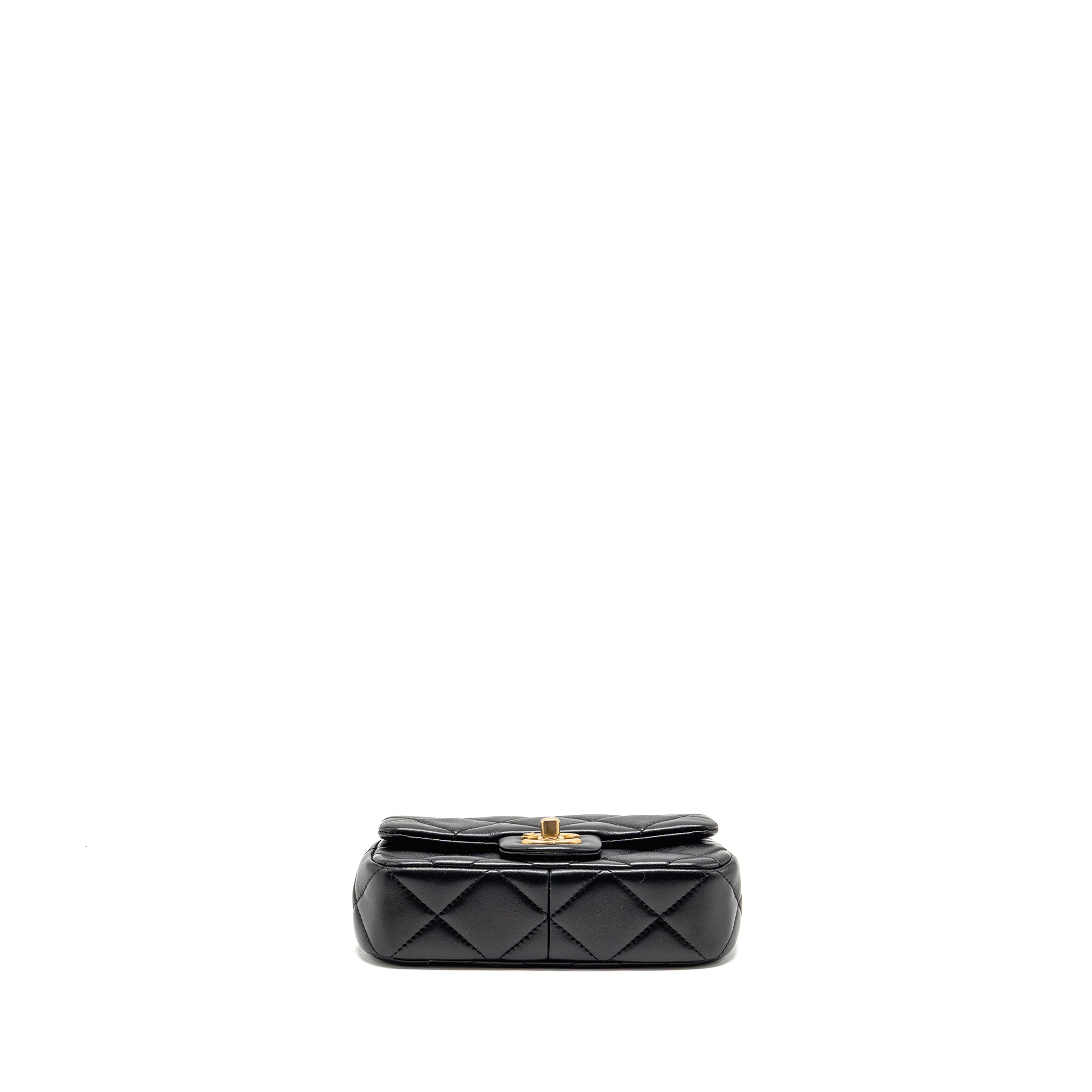 CHANEL 24S PEARL ADJUSTABLE CHAIN MINI FLAP BAG LAMBSKIN BLACK GHW (MICROCHIP)