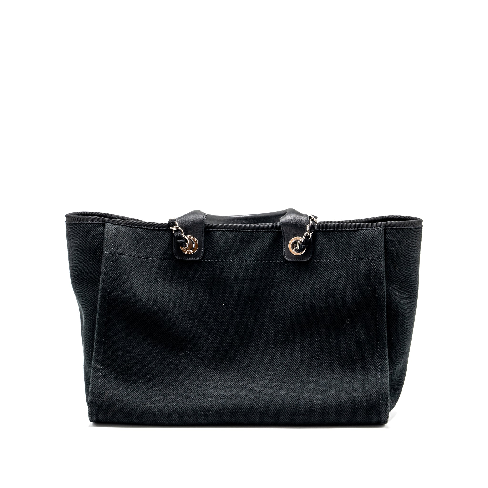 CHANEL LARGE DEAUVILLE BLACK-STUDDED TOTE BAG CANVAS/LEATHER BLACK SHW
