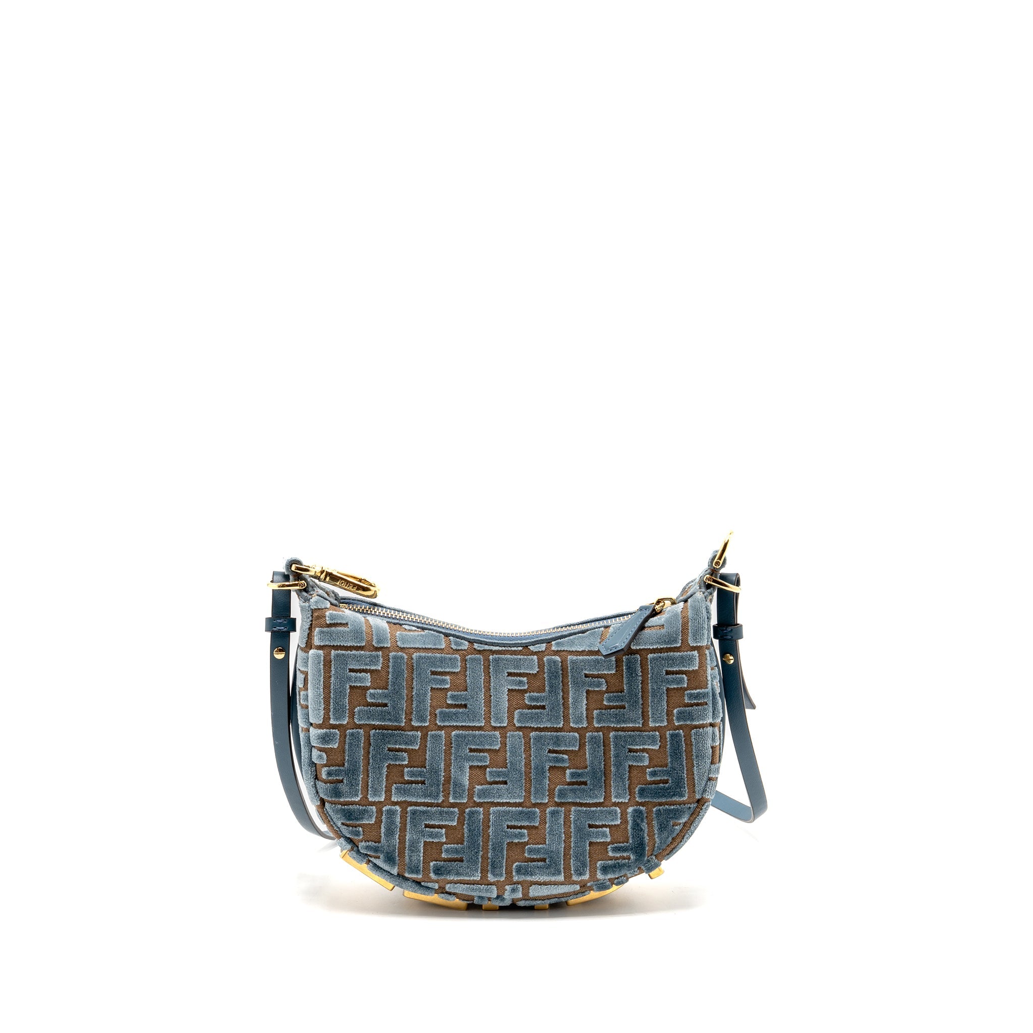 FENDI FENDIGRAPHY MINI BAG FF JACQUARD VELVET LIGHT BLUE/BROWN GHW