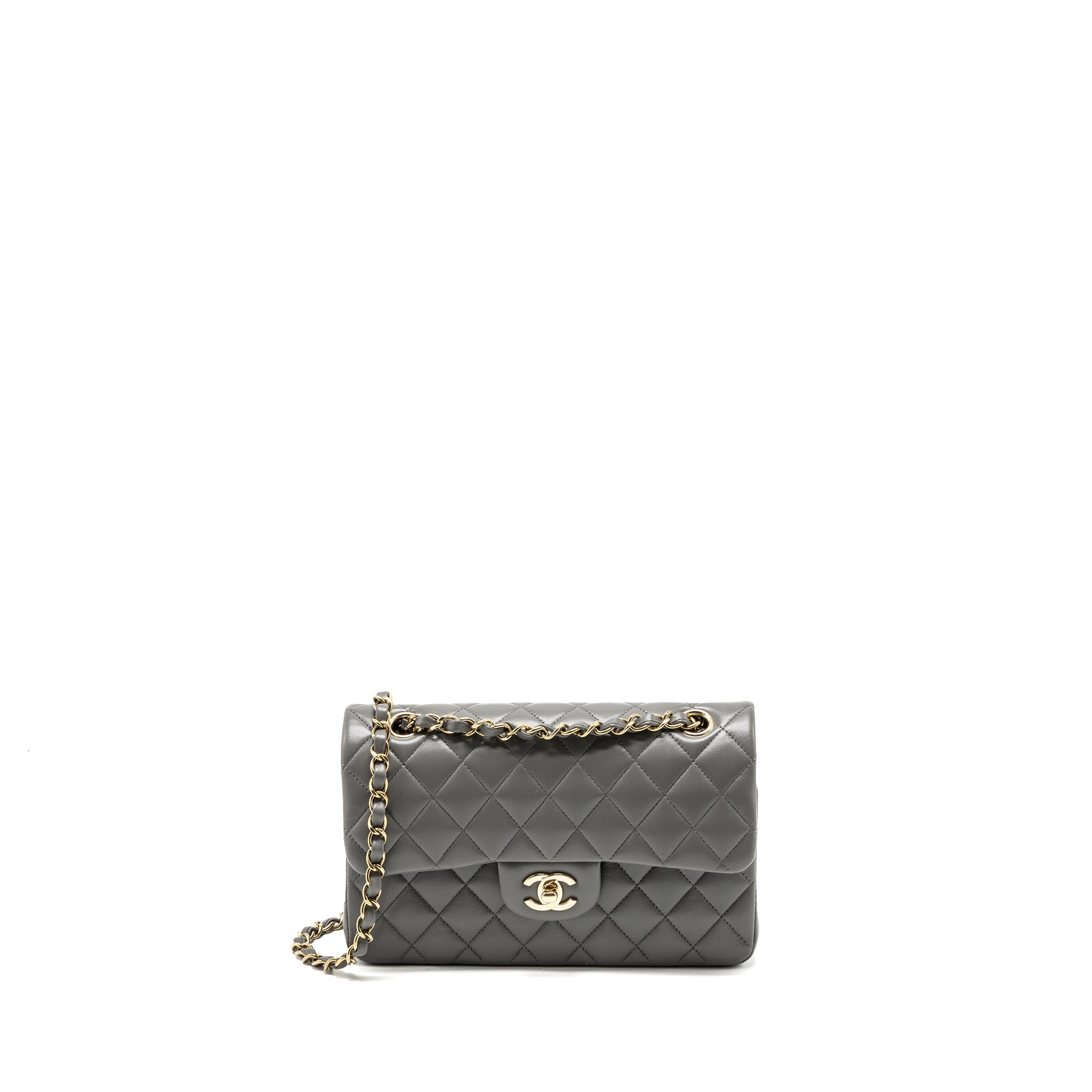 CHANEL 22A SMALL CLASSIC DOUBLE FLAP BAG LAMBSKIN GREY LGHW (MICROCHIP)