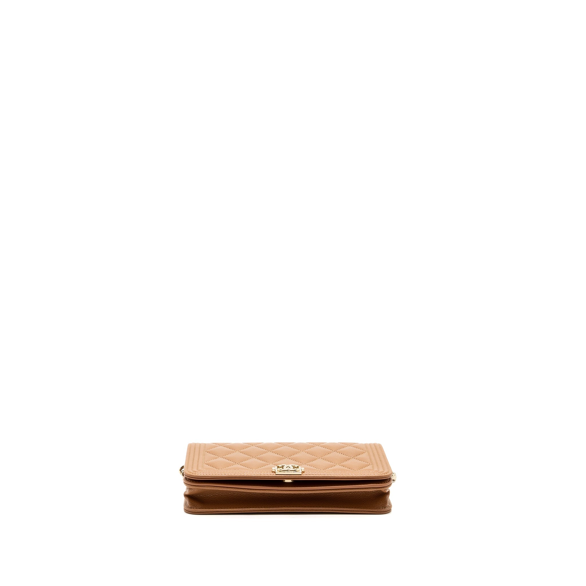 CHANEL BOY WALLET ON CHAIN CAVIAR LIGHT CARAMEL LGHW (MICROCHIP)