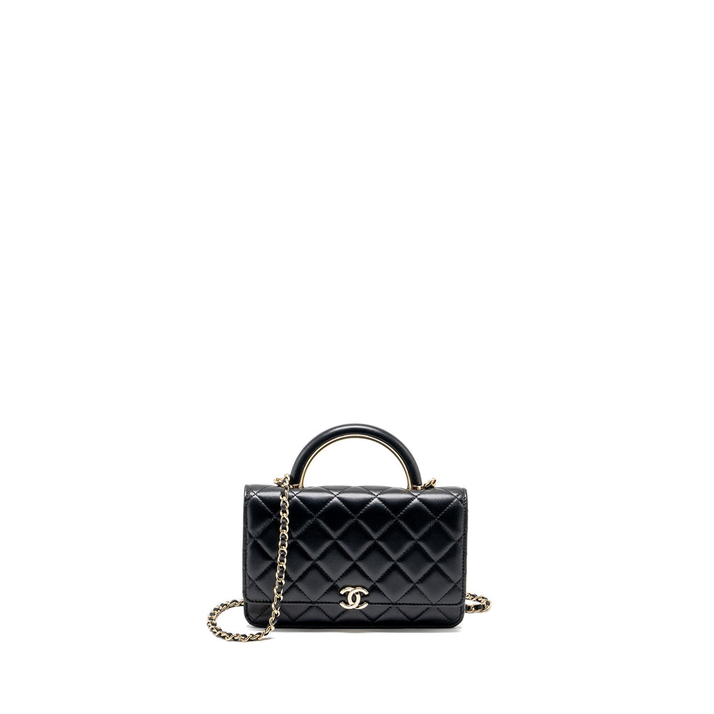 CHANEL LEATHER TOP HANDLE WALLET ON CHAIN LAMBSKIN BLACK LGHW (MICROCHIP)