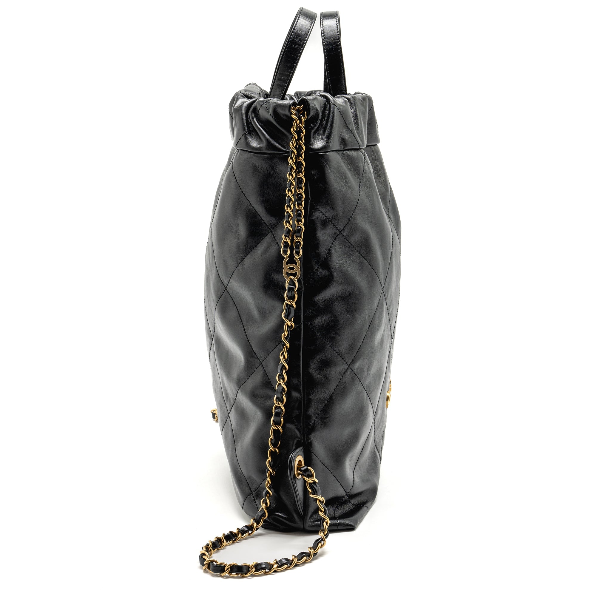 CHANEL LARGE 22 BACKPACK GOLD LETTER LOGO SHINY CALFSKIN BLACK GHW(MICROCHIP)