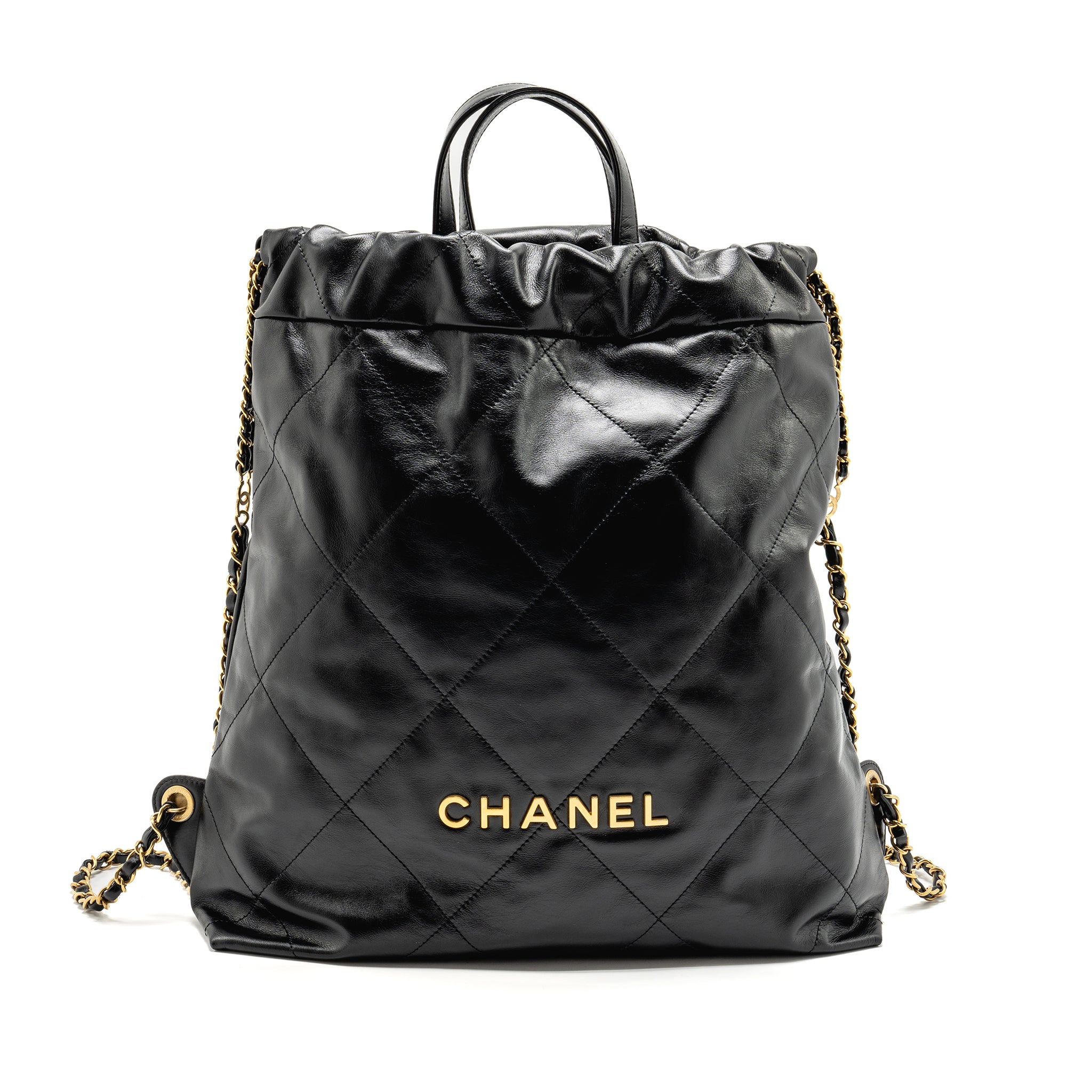 CHANEL LARGE 22 BACKPACK GOLD LETTER LOGO SHINY CALFSKIN BLACK GHW(MICROCHIP)
