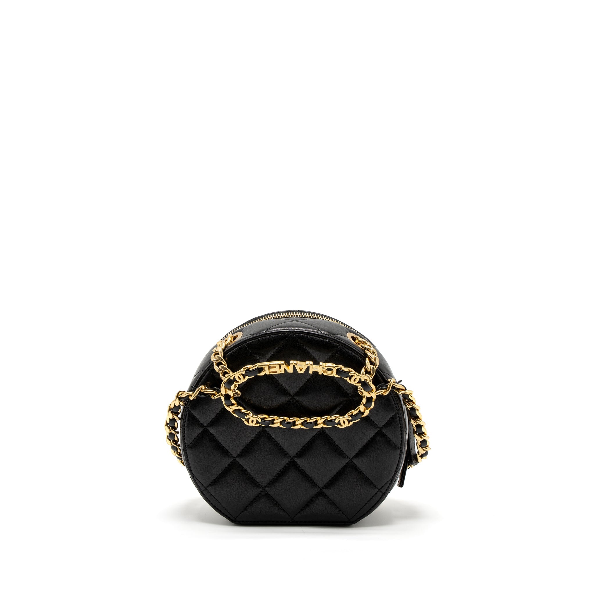 CHANEL ROUND VANITY WITH ROUND HANDLE CROSSBODY BAG LAMBSKIN BLACK GHW (MICROCHIP)