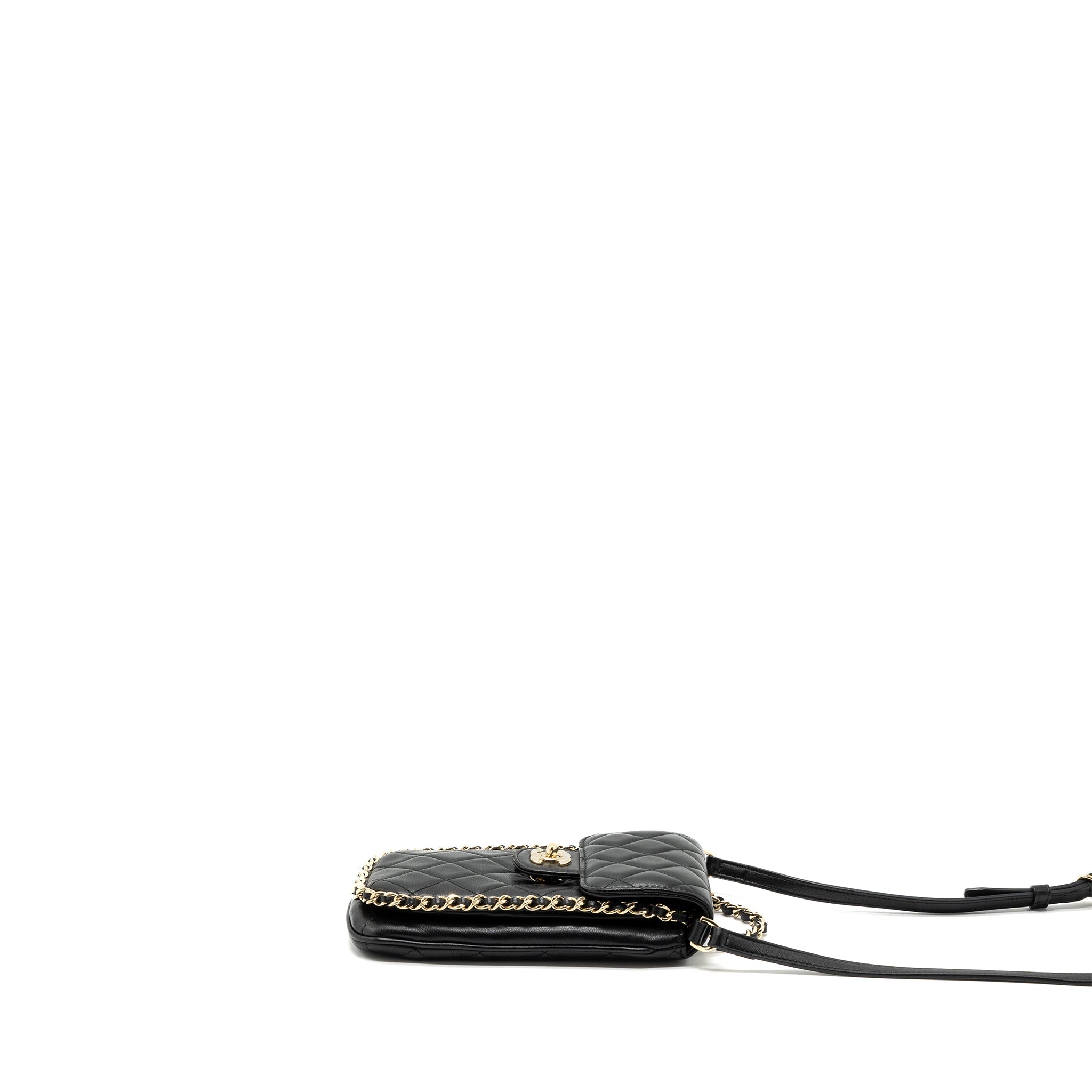 CHANEL PHONE HOLDER WITH CHAIN LAMBSKIN BLACK LGHW