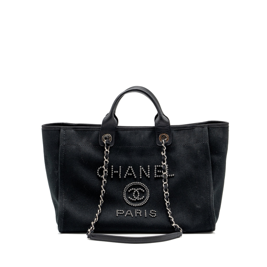 CHANEL LARGE DEAUVILLE BLACK-STUDDED TOTE BAG CANVAS/LEATHER BLACK SHW