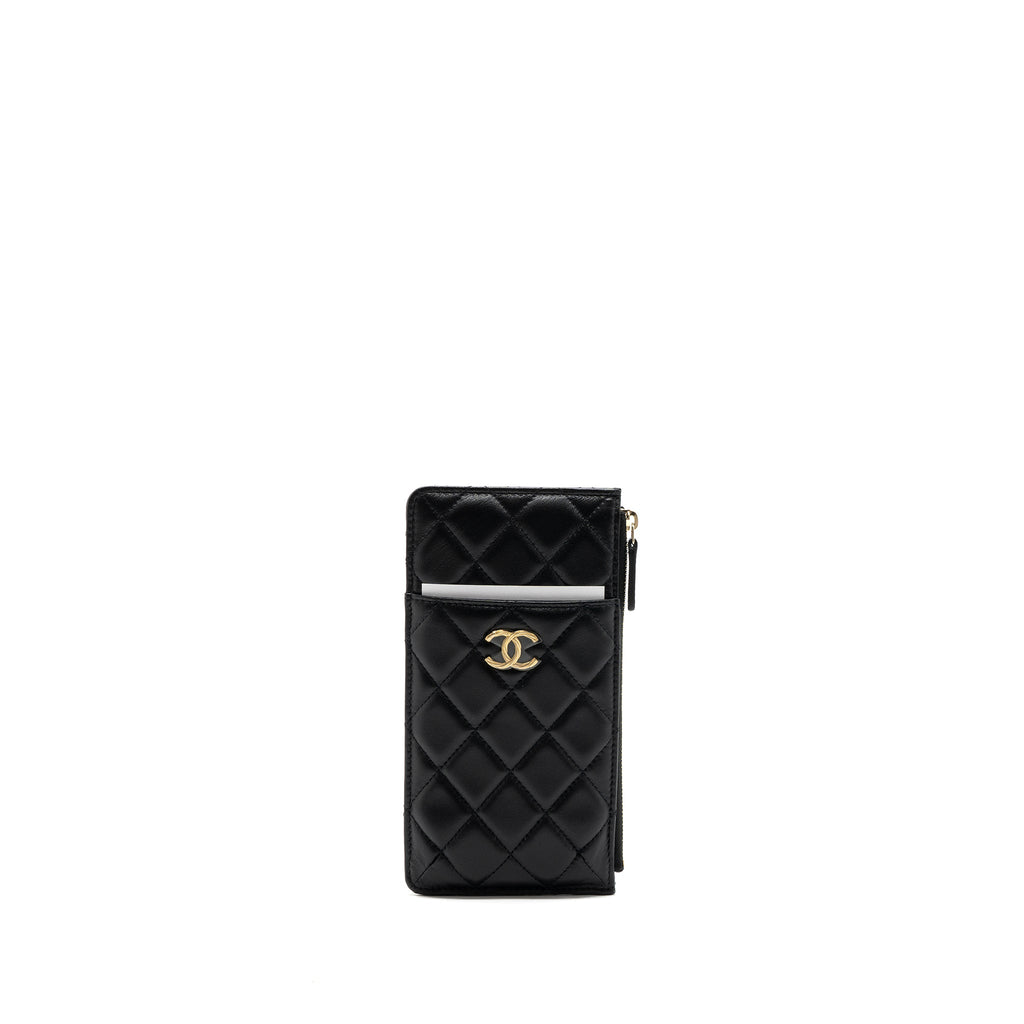 CHANEL LONG ZIP CARD HOLDER WALLET LAMBSKIN BLACK LGHW