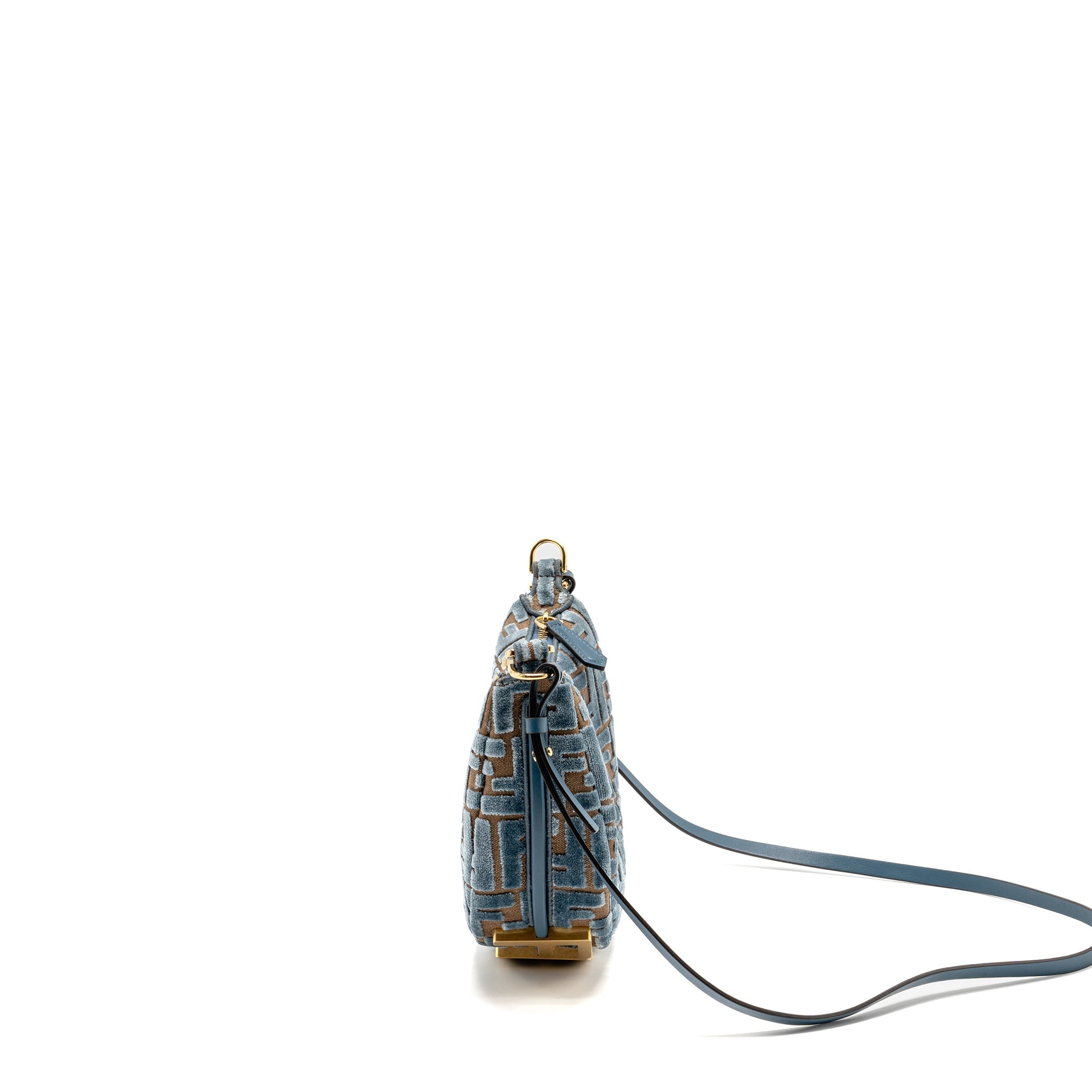FENDI FENDIGRAPHY MINI BAG FF JACQUARD VELVET LIGHT BLUE/BROWN GHW