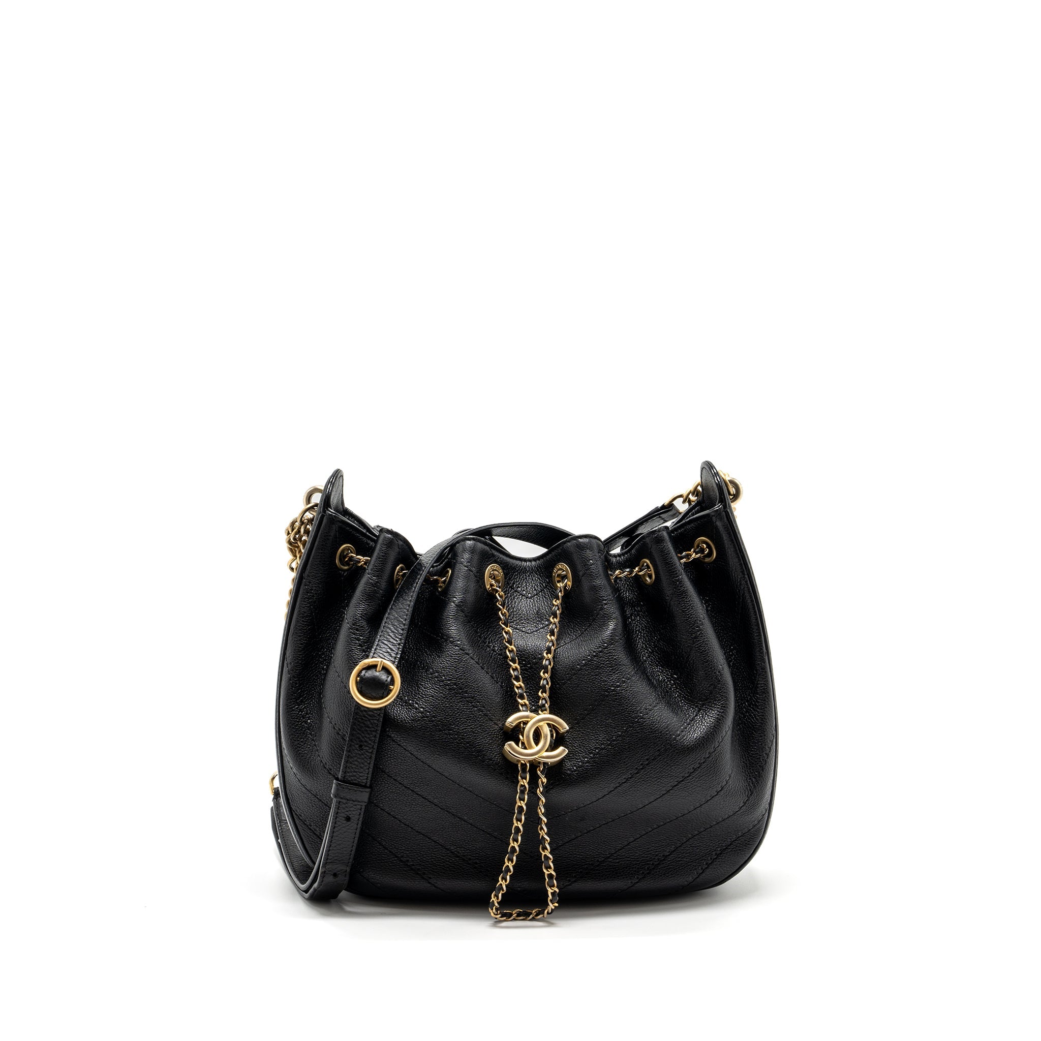 CHANEL CHEVRON BUCKET BAG GRAINED CALFSKIN BLACK GHW