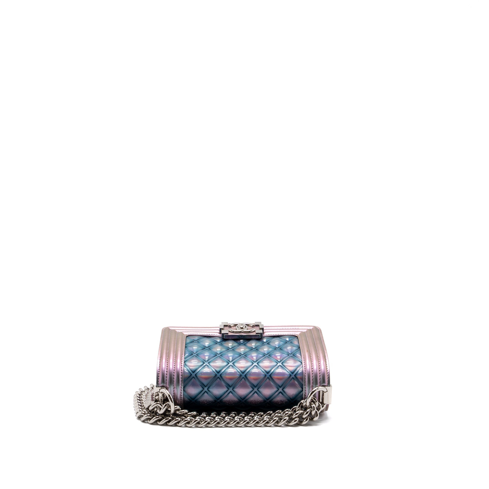 CHANEL 18S SMALL BOY BAG LIMITED PVC / PATENT CALFSKIN LEATHER IRIDESCENT LIGHT PURPLE SHW