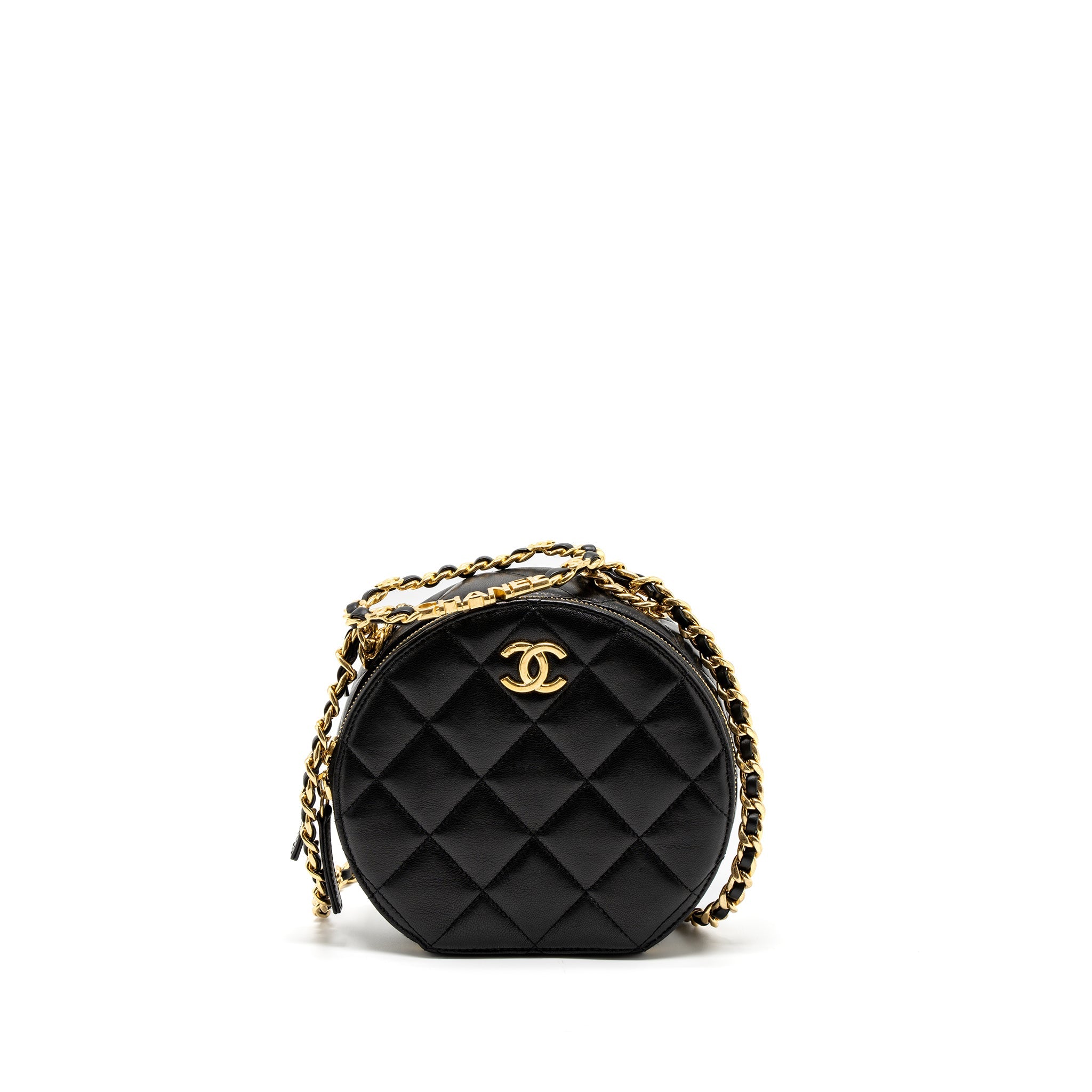 CHANEL ROUND VANITY WITH ROUND HANDLE CROSSBODY BAG LAMBSKIN BLACK GHW (MICROCHIP)