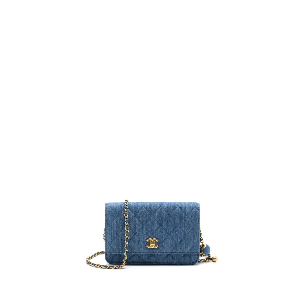 CHANEL 22C PEARL CRUSH WALLET ON CHAIN DENIM BLUE GHW (MICROCHIP)