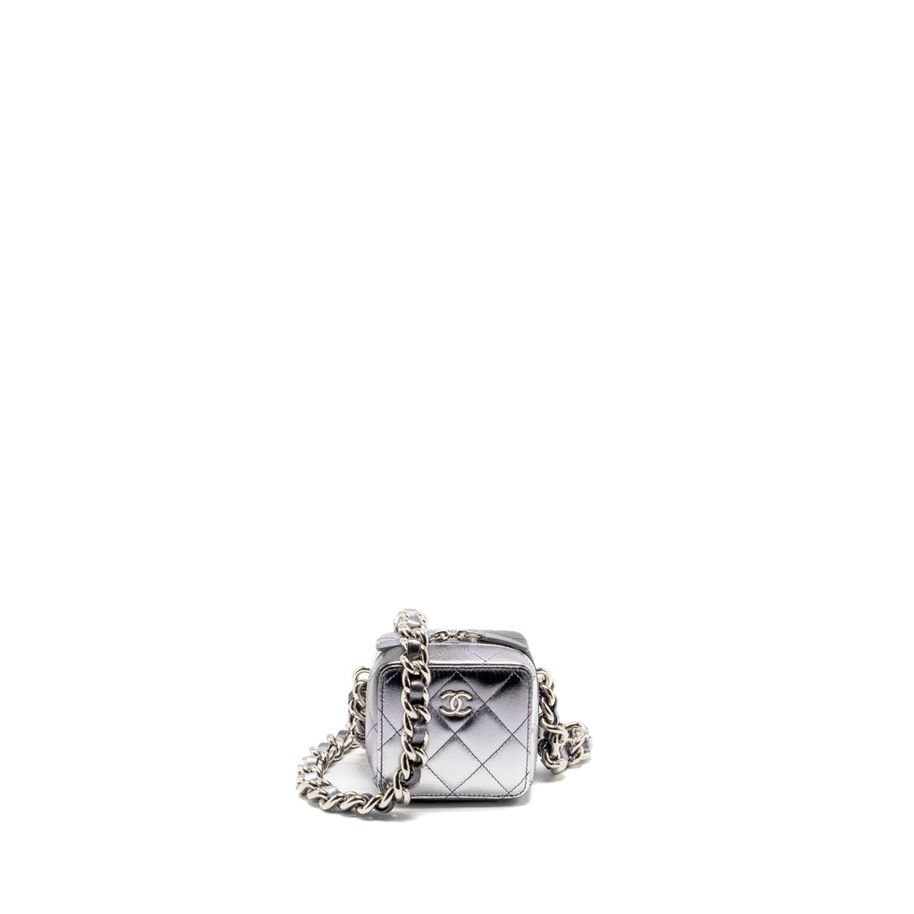 CHANEL MINI QUILTED VANITY WITH GIANT CHAIN LAMBSKIN METALLIC GREY SHW