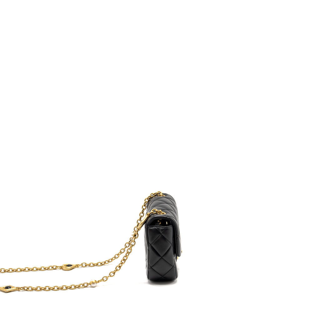 CHANEL QUILTED FLAP BAG WITH HEART CHARM CHAIN LAMBSKIN BLACK GHW (MICROCHIP)