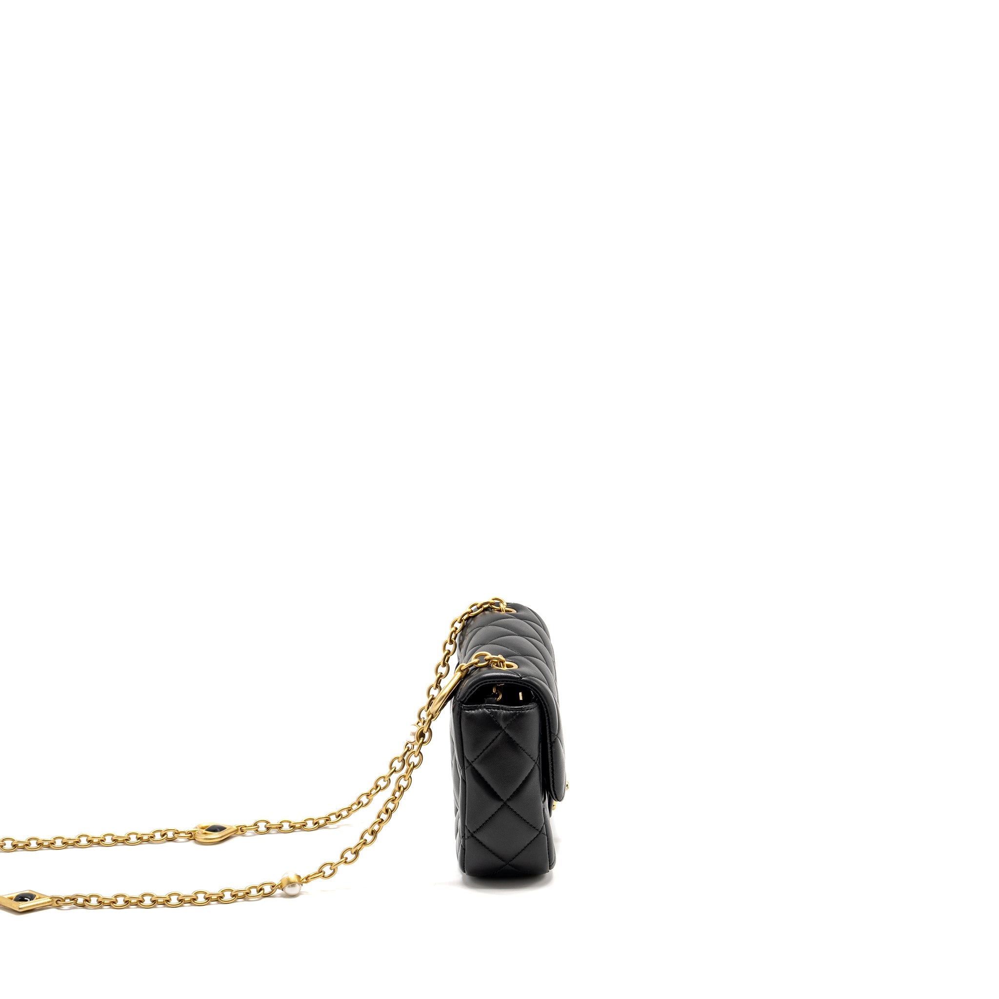 CHANEL QUILTED FLAP BAG WITH HEART CHARM CHAIN LAMBSKIN BLACK GHW (MICROCHIP)