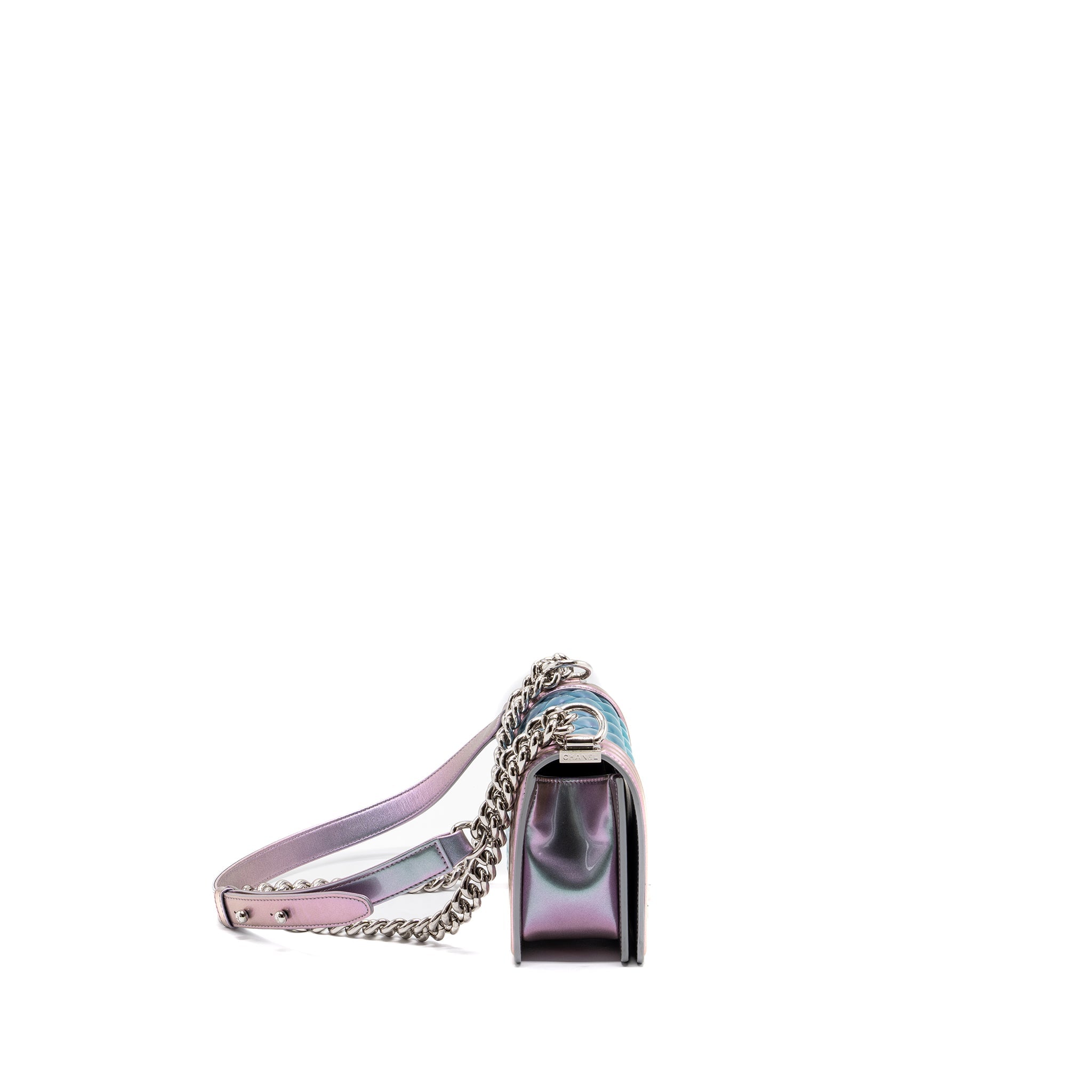 CHANEL 18S SMALL BOY BAG LIMITED PVC / PATENT CALFSKIN LEATHER IRIDESCENT LIGHT PURPLE SHW