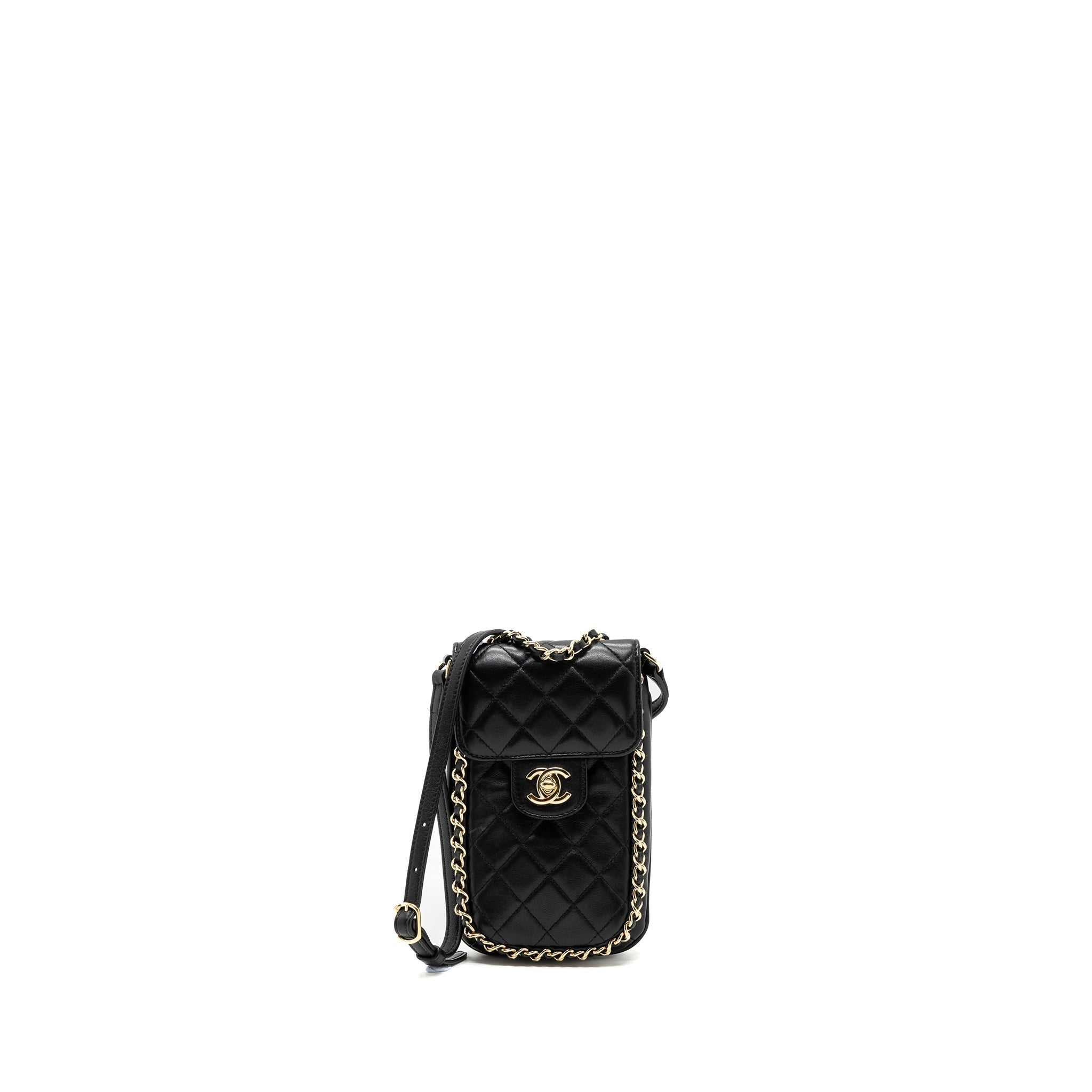 CHANEL PHONE HOLDER WITH CHAIN LAMBSKIN BLACK LGHW