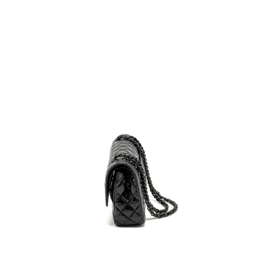 CHANEL MEDIUM CLASSIC DOUBLE FLAP BAG SHINY AGED CALFSKIN SO BLACK