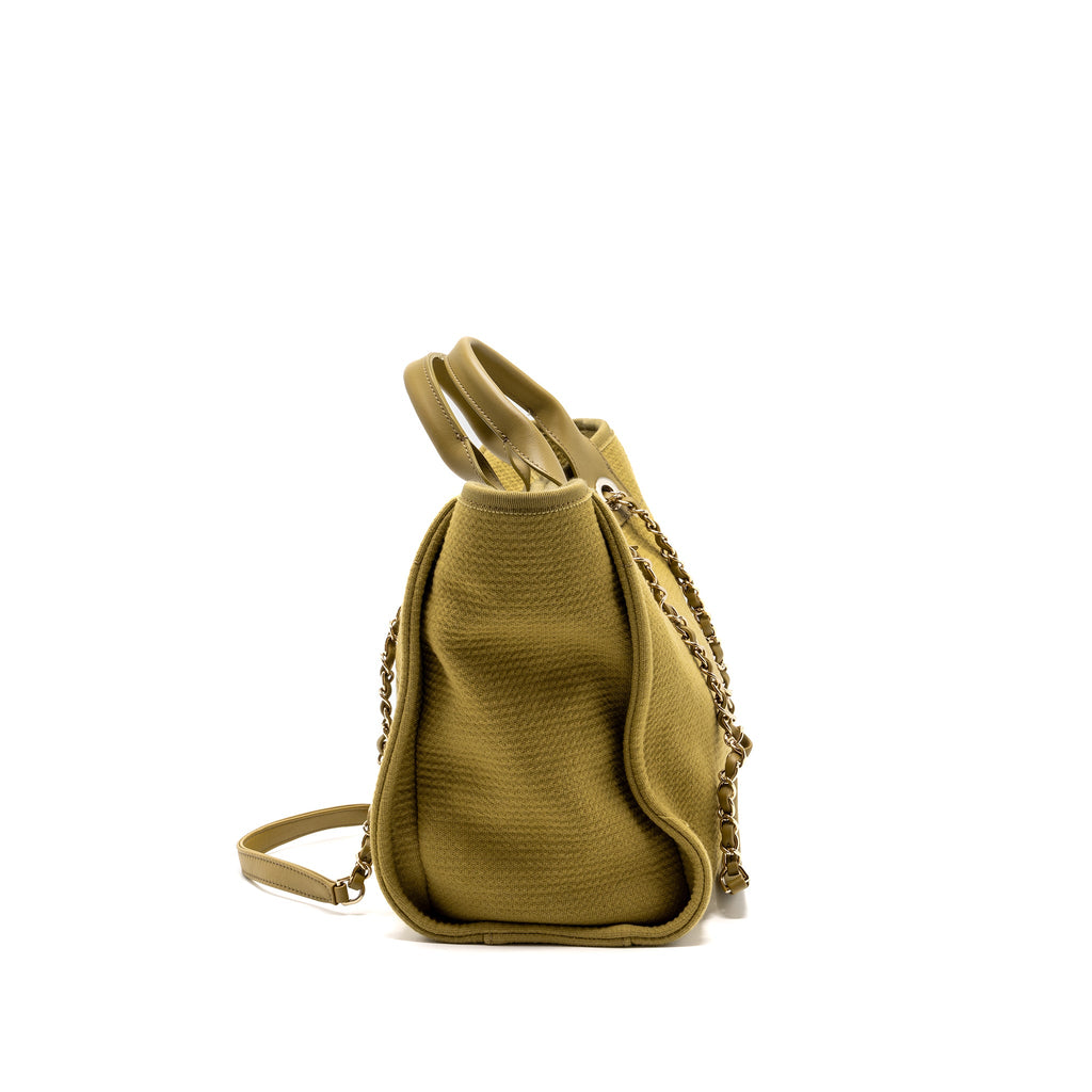 CHANEL DEAUVILLE TOTE BAG CANVAS OLIVE GREEN LGHW (MICROCHIP)