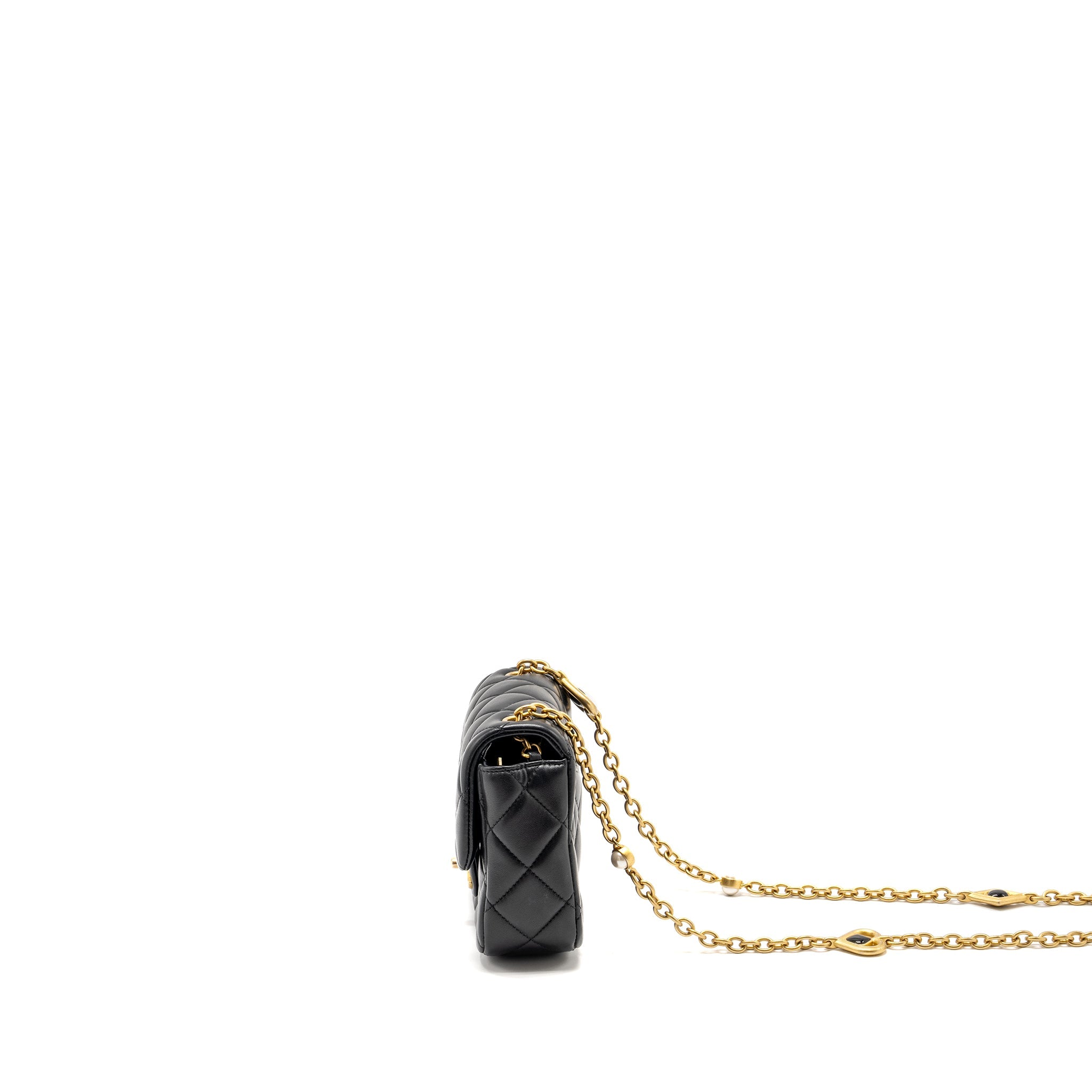 CHANEL QUILTED FLAP BAG WITH HEART CHARM CHAIN LAMBSKIN BLACK GHW (MICROCHIP)