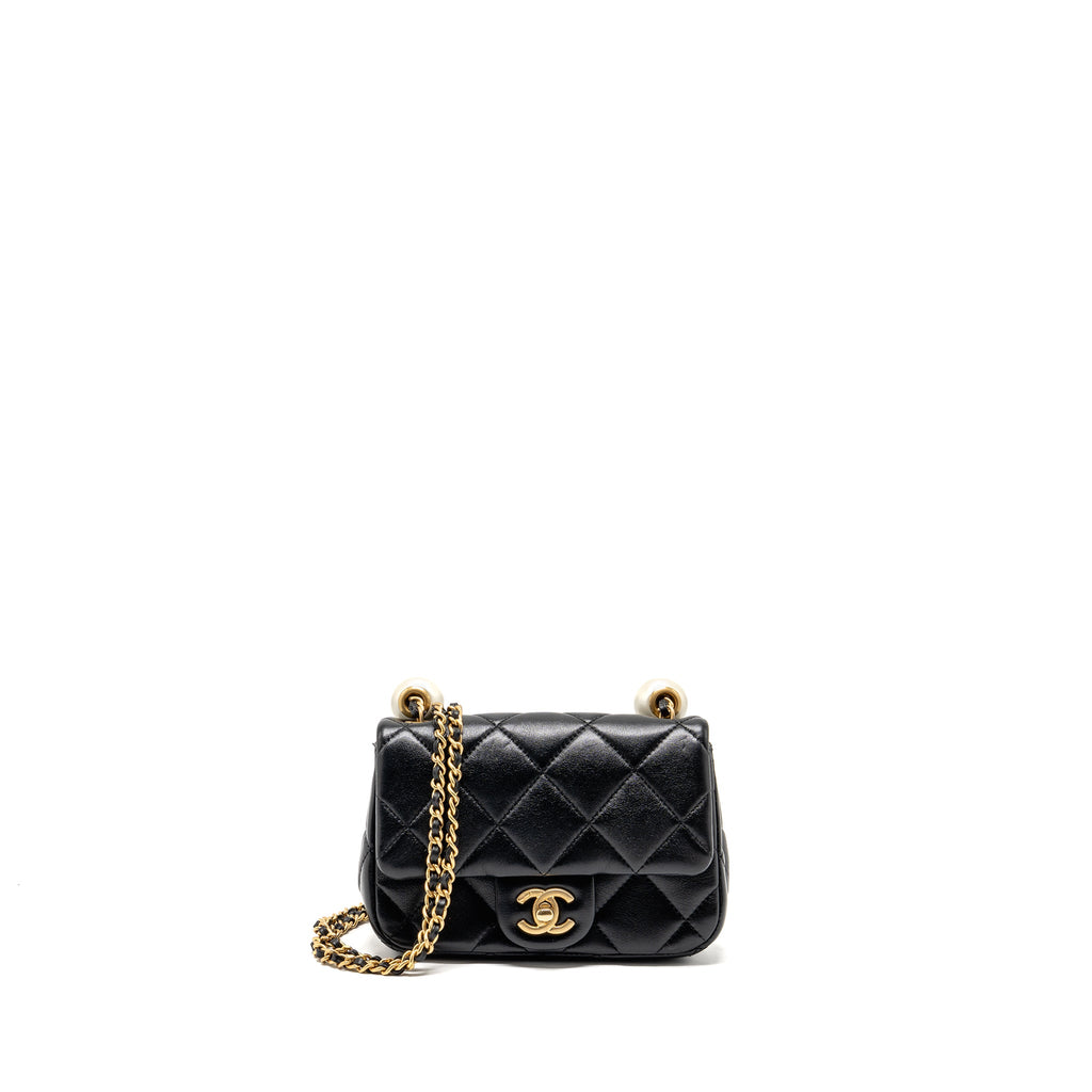 CHANEL 24S PEARL ADJUSTABLE CHAIN MINI FLAP BAG LAMBSKIN BLACK GHW (MICROCHIP)