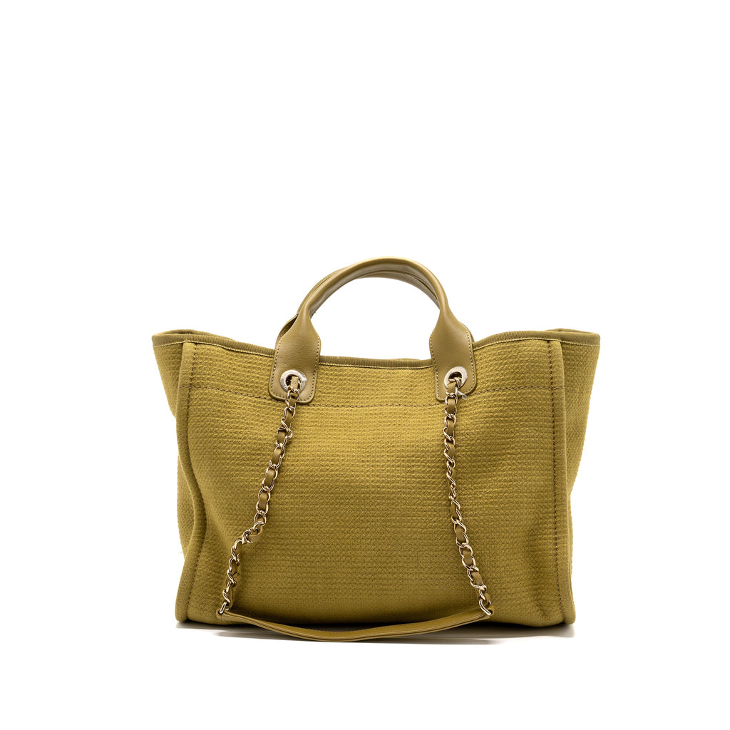 CHANEL DEAUVILLE TOTE BAG CANVAS OLIVE GREEN LGHW (MICROCHIP)