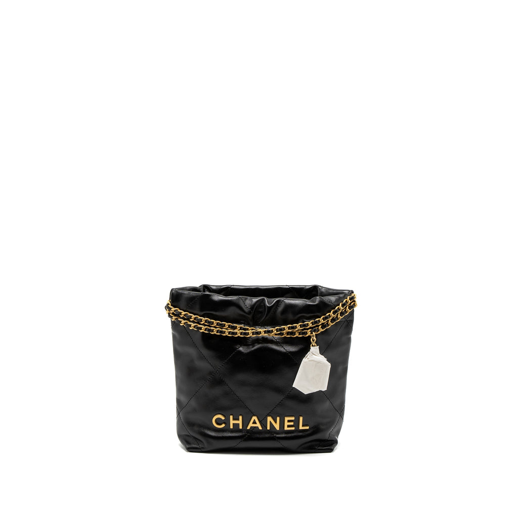 CHANEL MINI 22 BAG SHINY CALFSKIN BLACK BRUSHED GHW (MICROCHIP)