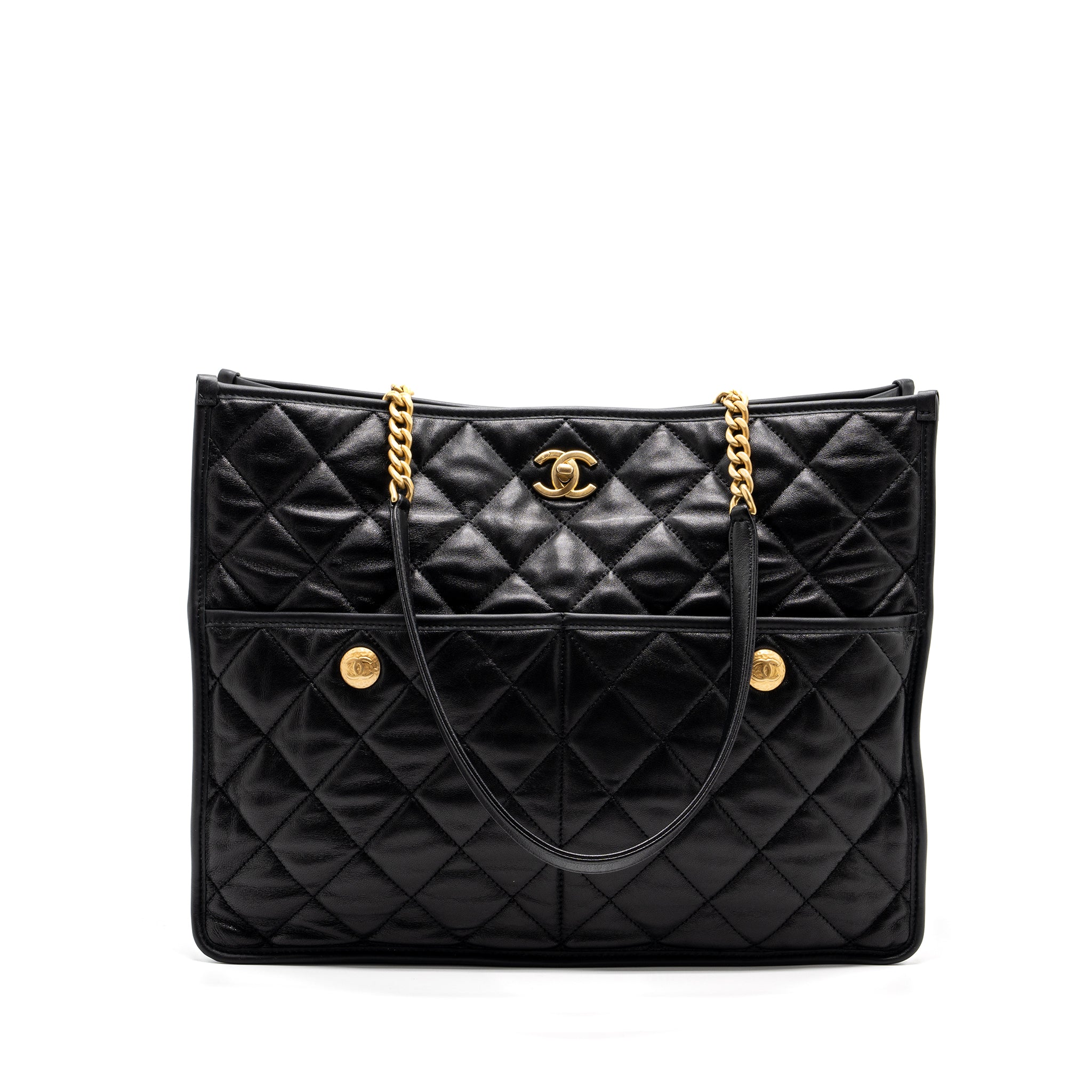 CHANEL LARGE TOTE BAG LAMBSKIN BLACK BRUSHED GHW