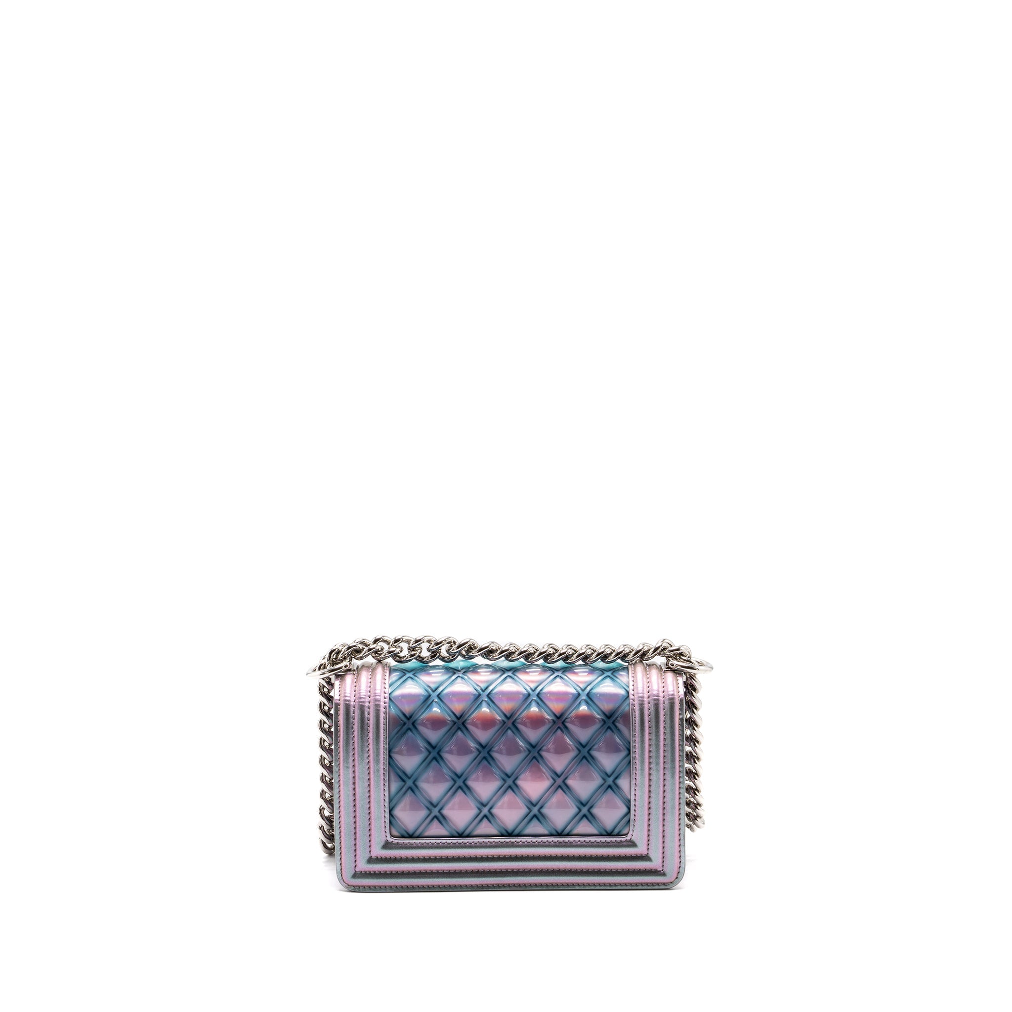 CHANEL 18S SMALL BOY BAG LIMITED PVC / PATENT CALFSKIN LEATHER IRIDESCENT LIGHT PURPLE SHW