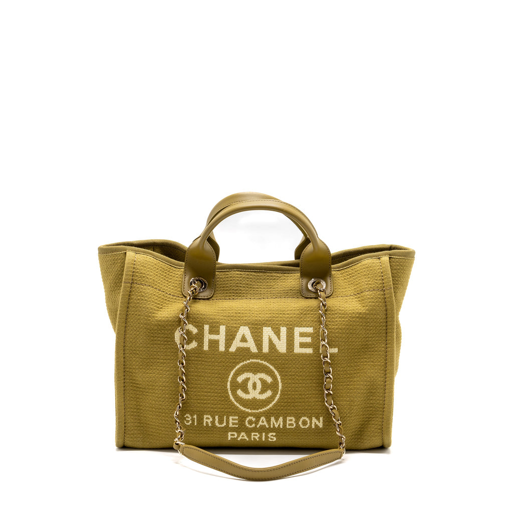 CHANEL DEAUVILLE TOTE BAG CANVAS OLIVE GREEN LGHW (MICROCHIP)