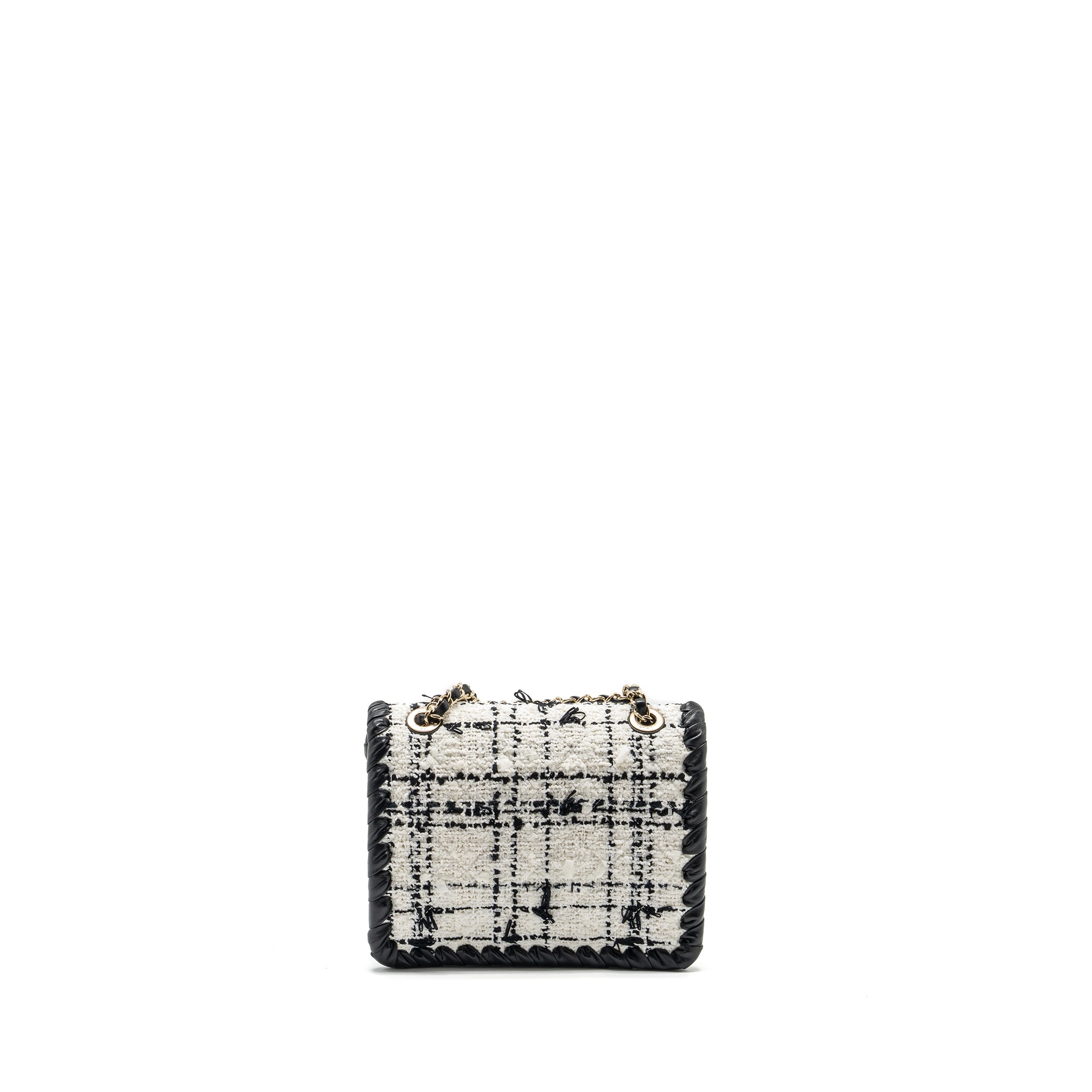 CHANEL SEASONAL MINI SQUARE FLAP BAG TWEED WHITE/BLACK LGHW (MICROCHIP)