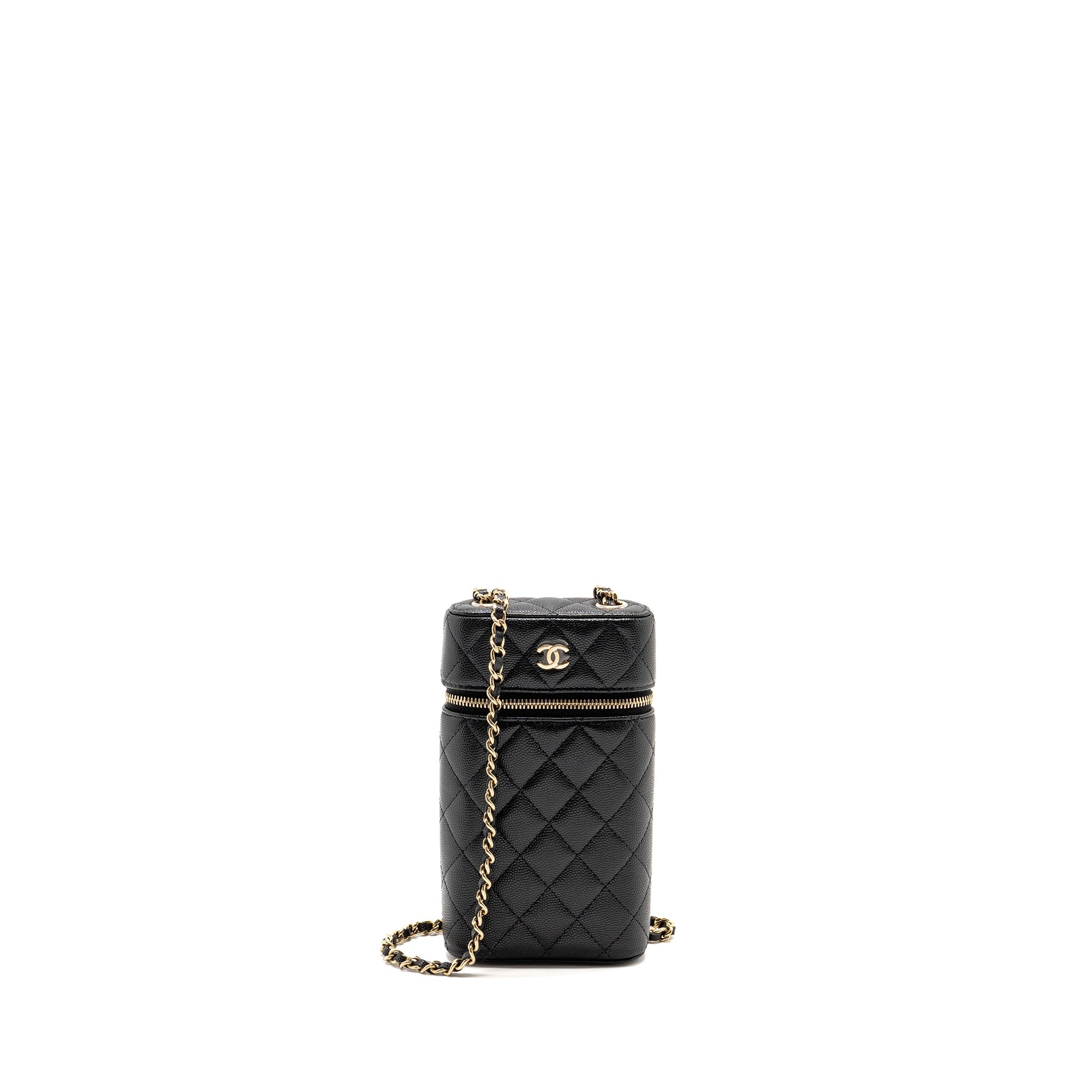 CHANEL CLASSIC VANITY PHONE HOLDER WITH CHAIN CAVIAR BLACK LGHW