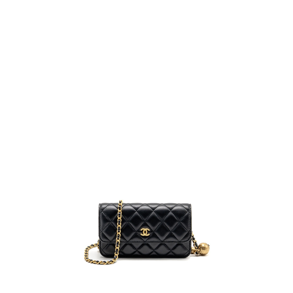 CHANEL PEARL CRUSH MINI FLAP WALLET ON CHAIN LAMBSKIN BLACK GHW (MICROCHIP)