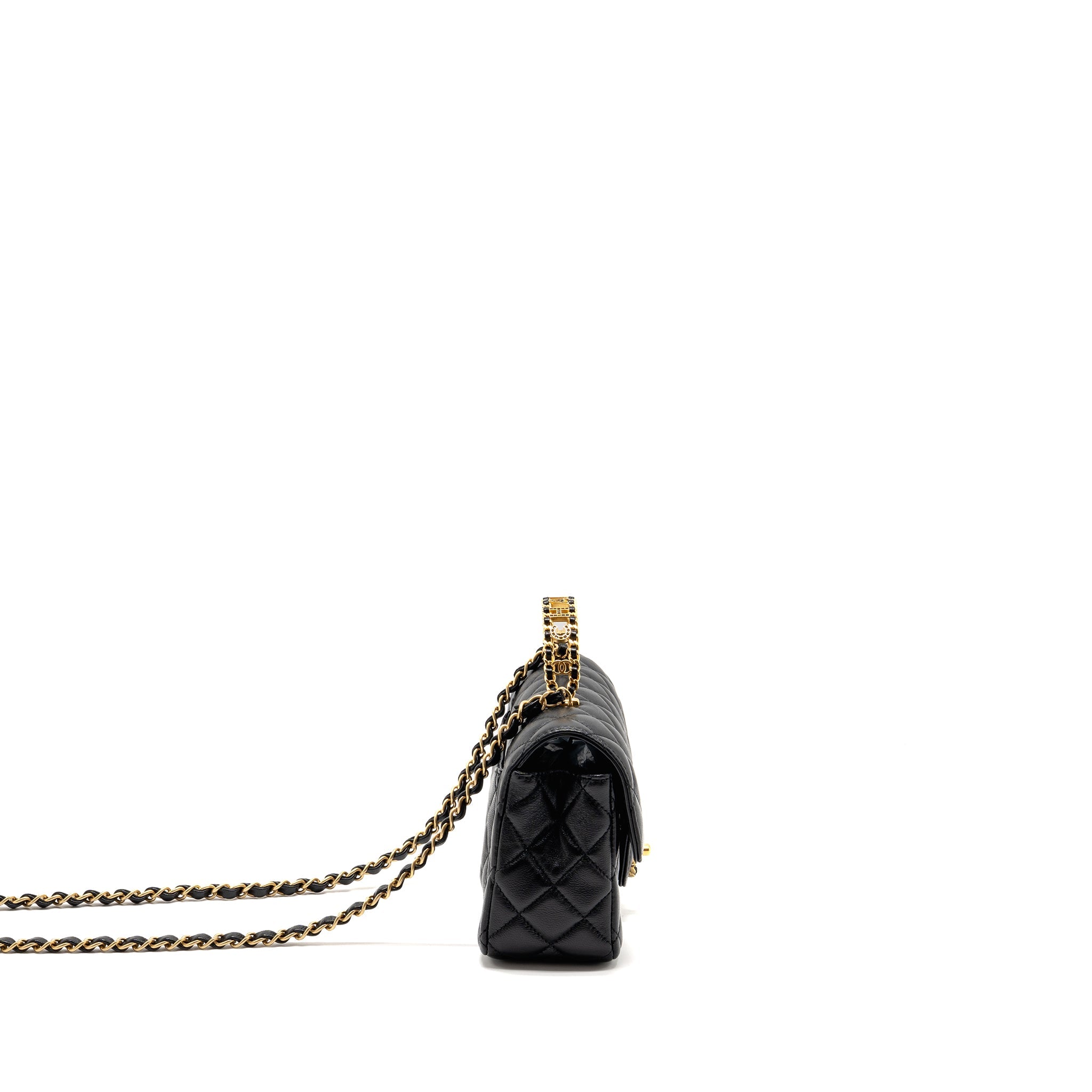 CHANEL 24C DETAIL TOP HANDLE FLAP BAG LAMBSKIN BLACK GHW (MICROCHIP)