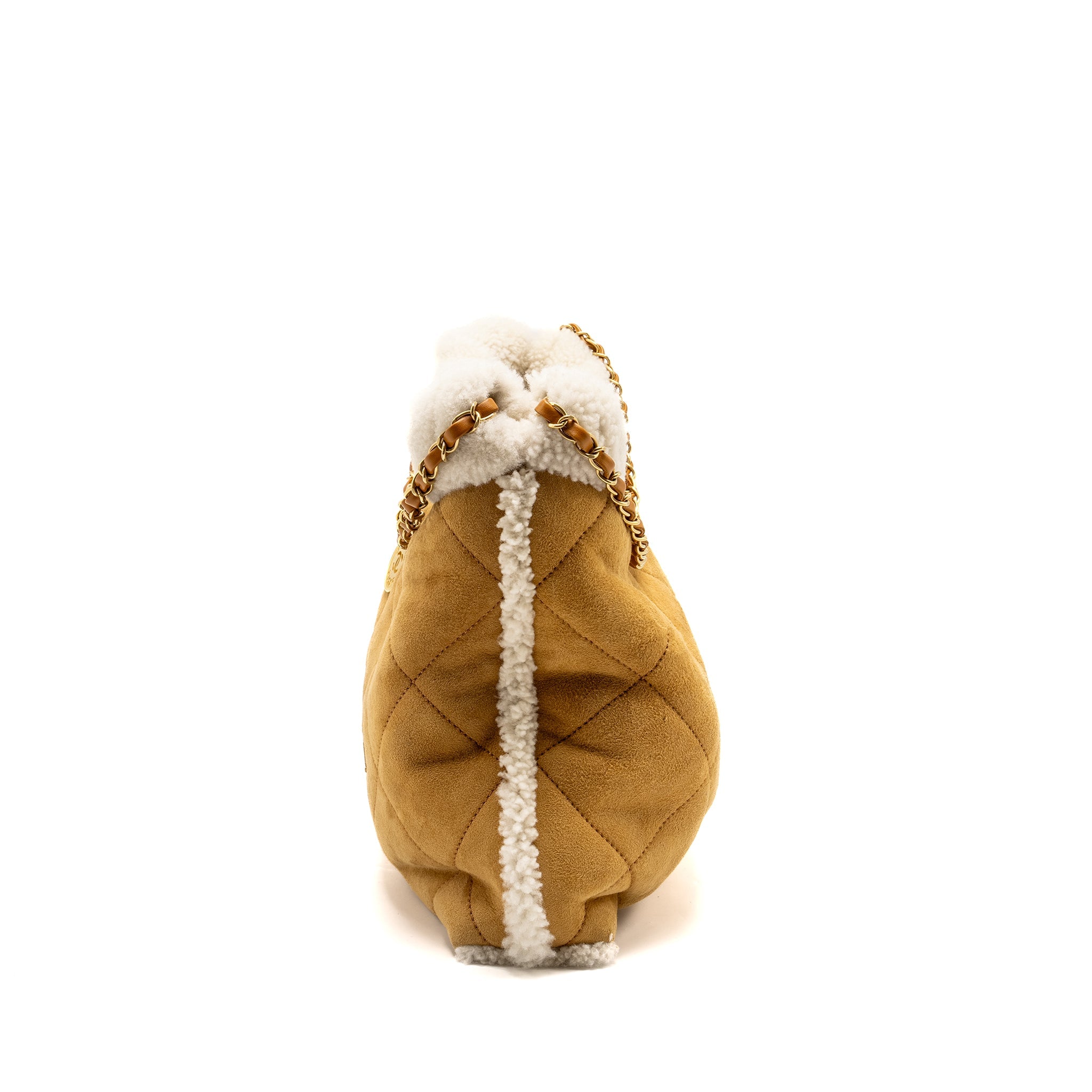 CHANEL MEDIUM 22 BAG QUILTED SHEARLING SUEDE CAMEL GHW (MICROCHIP)