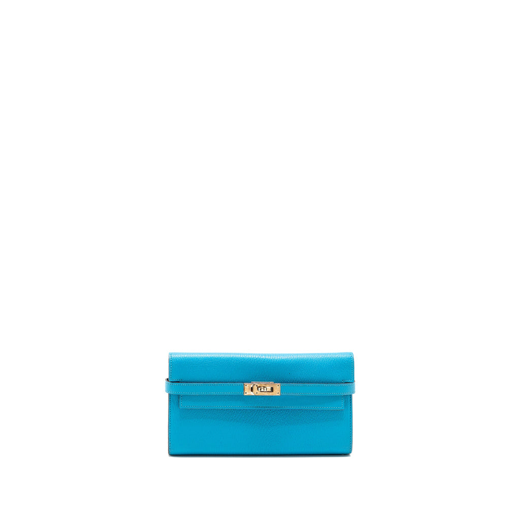 HERMES KELLY LONG WALLET CHEVRE MYSORE LEATHER BLUE AZTEQUE SHW