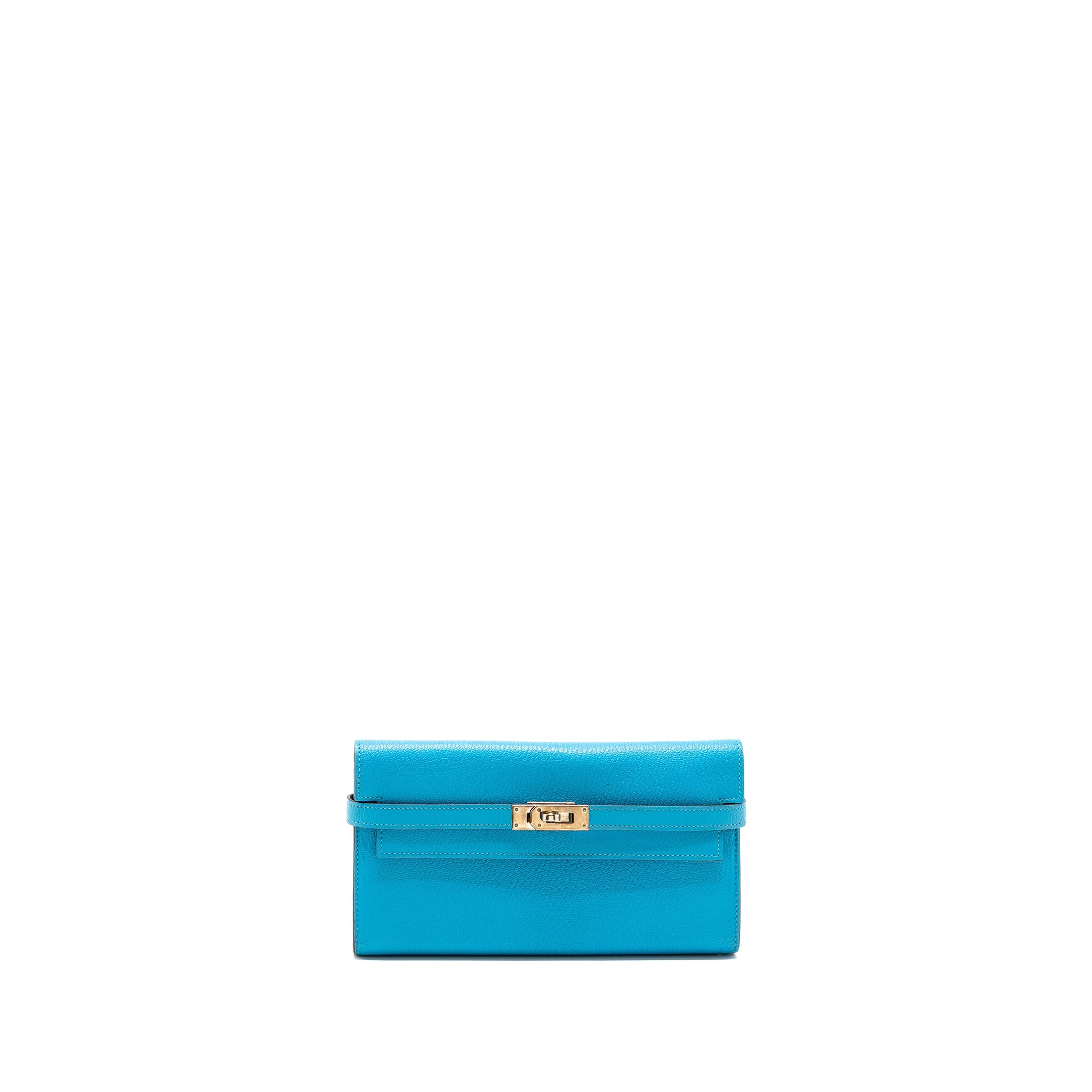 HERMES KELLY LONG WALLET CHEVRE MYSORE LEATHER BLUE AZTEQUE SHW