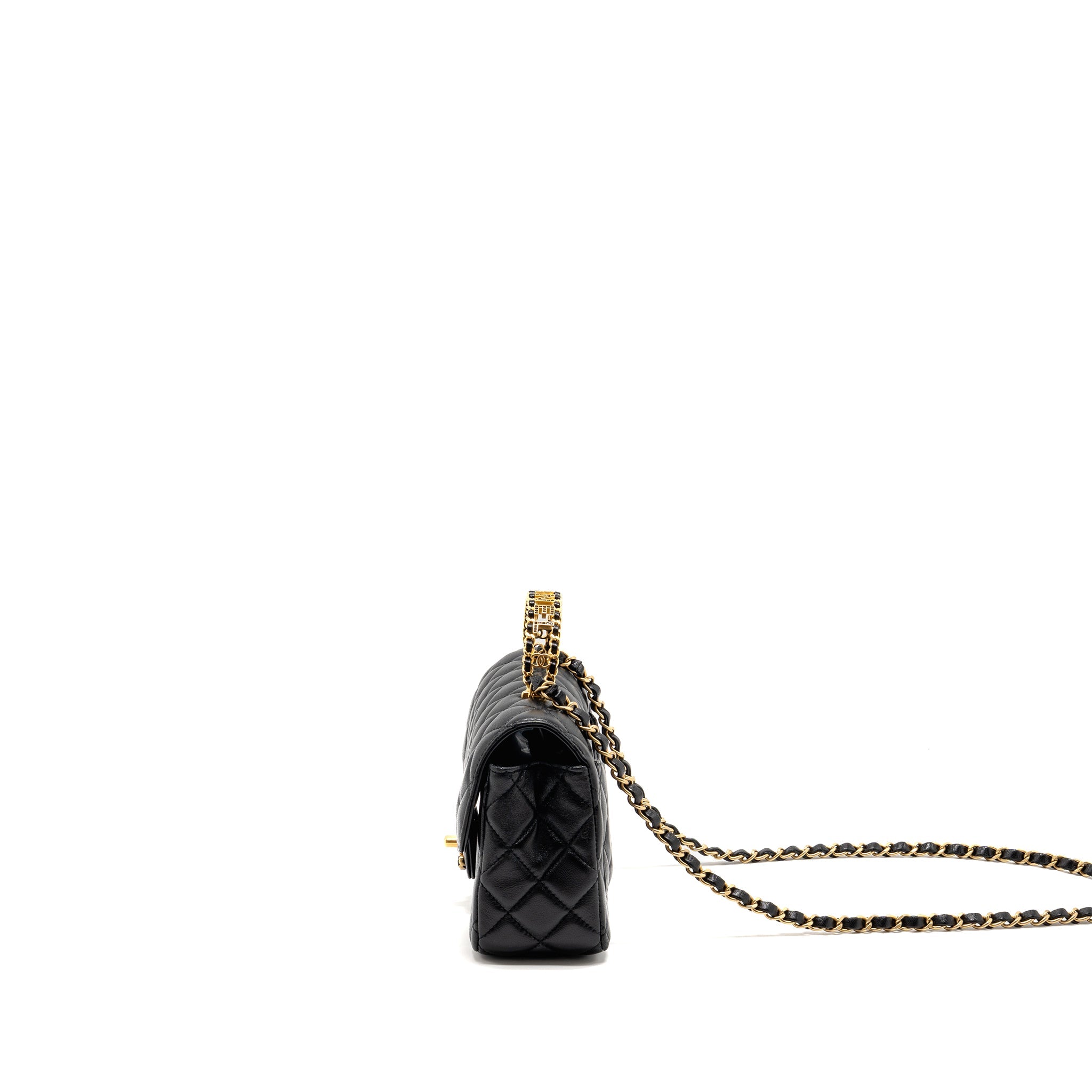 CHANEL 24C DETAIL TOP HANDLE FLAP BAG LAMBSKIN BLACK GHW (MICROCHIP)