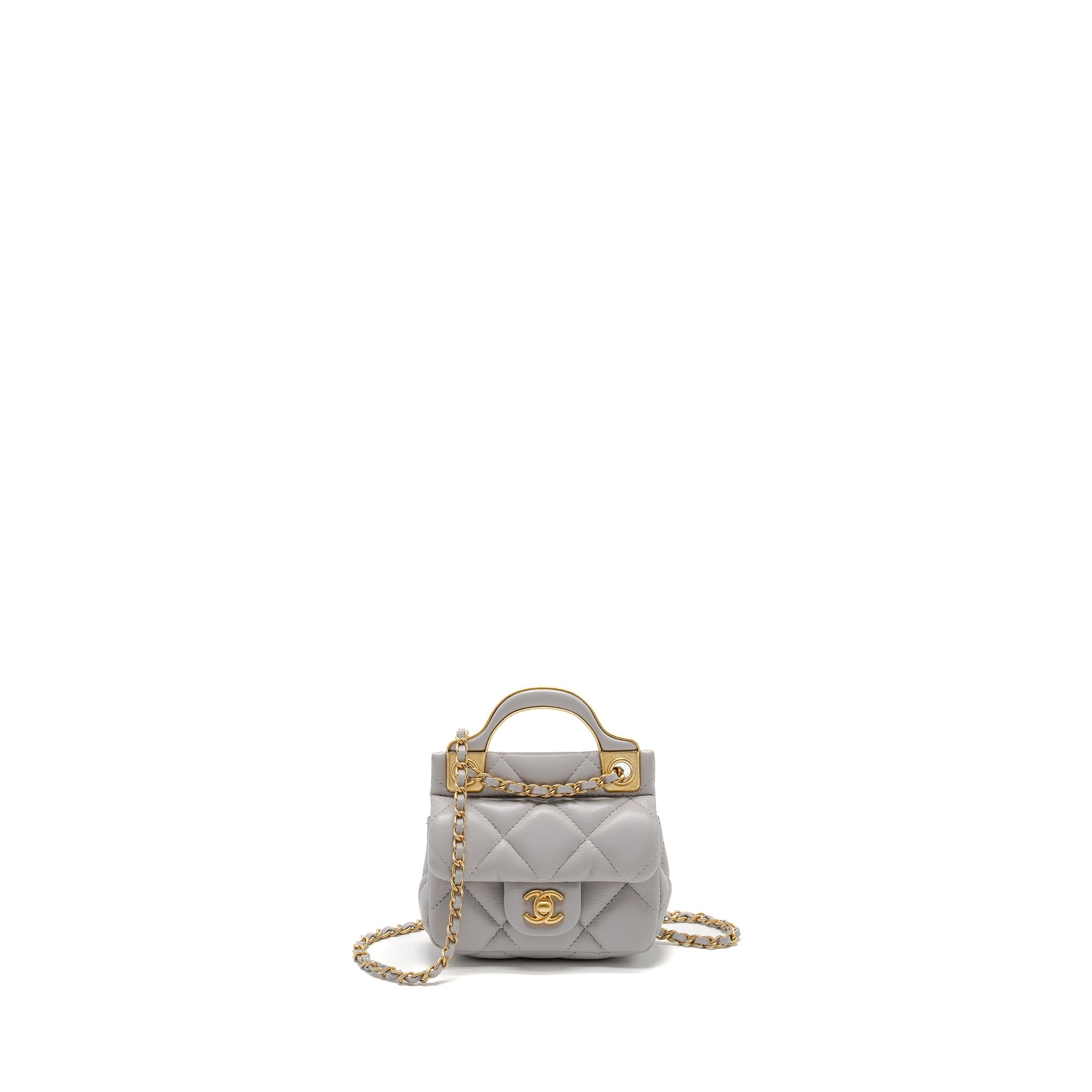 CHANEL MINI QUILTED FLAP CARD HOLDER WITH CHAIN LAMBSKIN GREY GHW