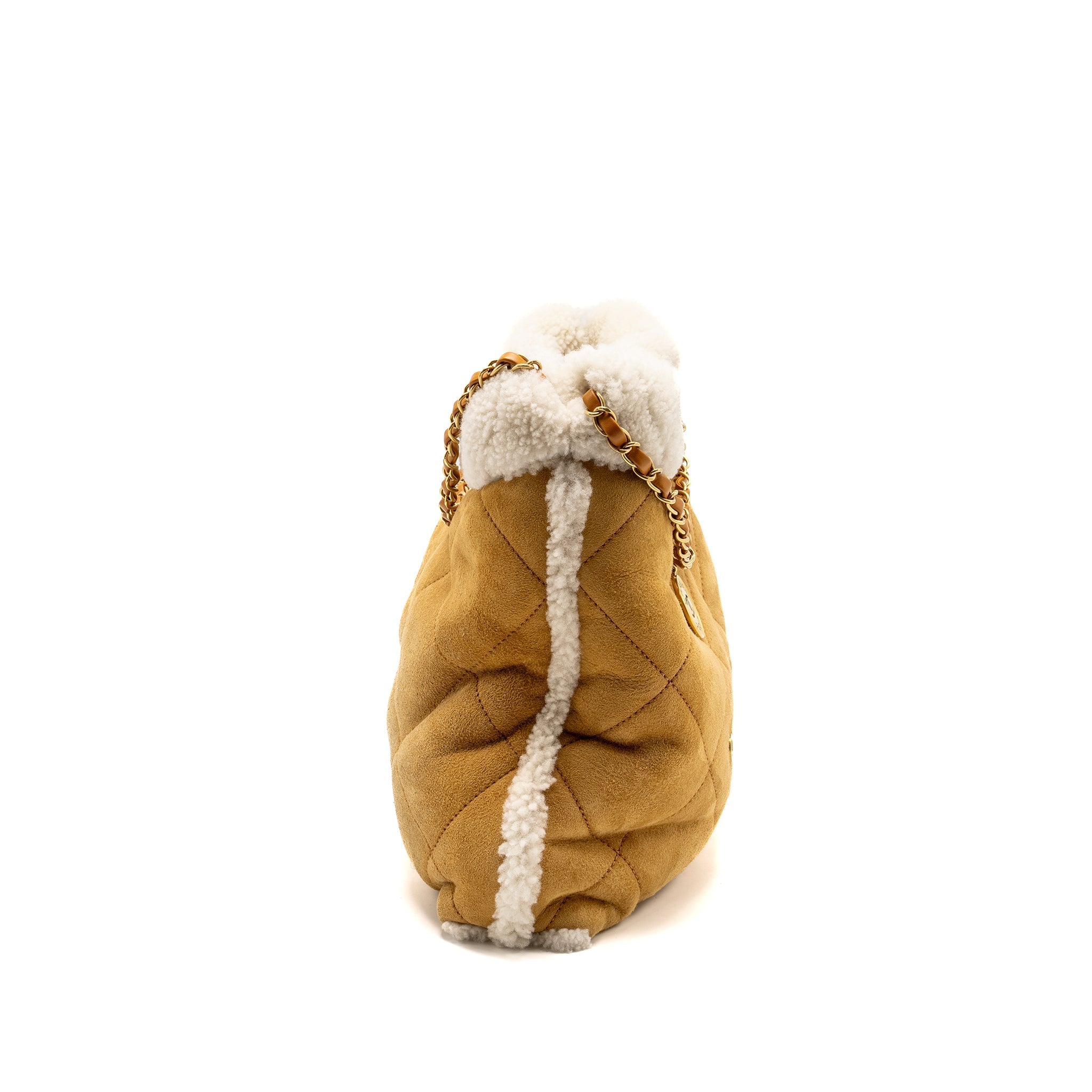 CHANEL MEDIUM 22 BAG QUILTED SHEARLING SUEDE CAMEL GHW (MICROCHIP)