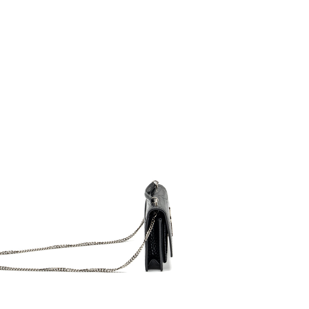 SAINT LAURENT/YSL SUNSET BAG CROC-EMBOSSED CALFSKIN BLACK SHW