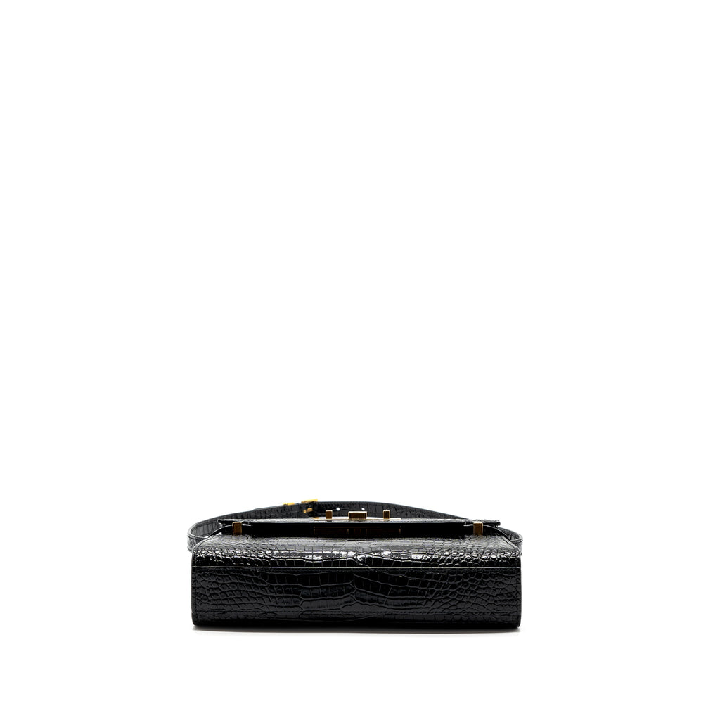 SAINT LAURENT MANHATTAN SHOULDER BAG CROCODILE-EMBOSSED BLACK GHW
