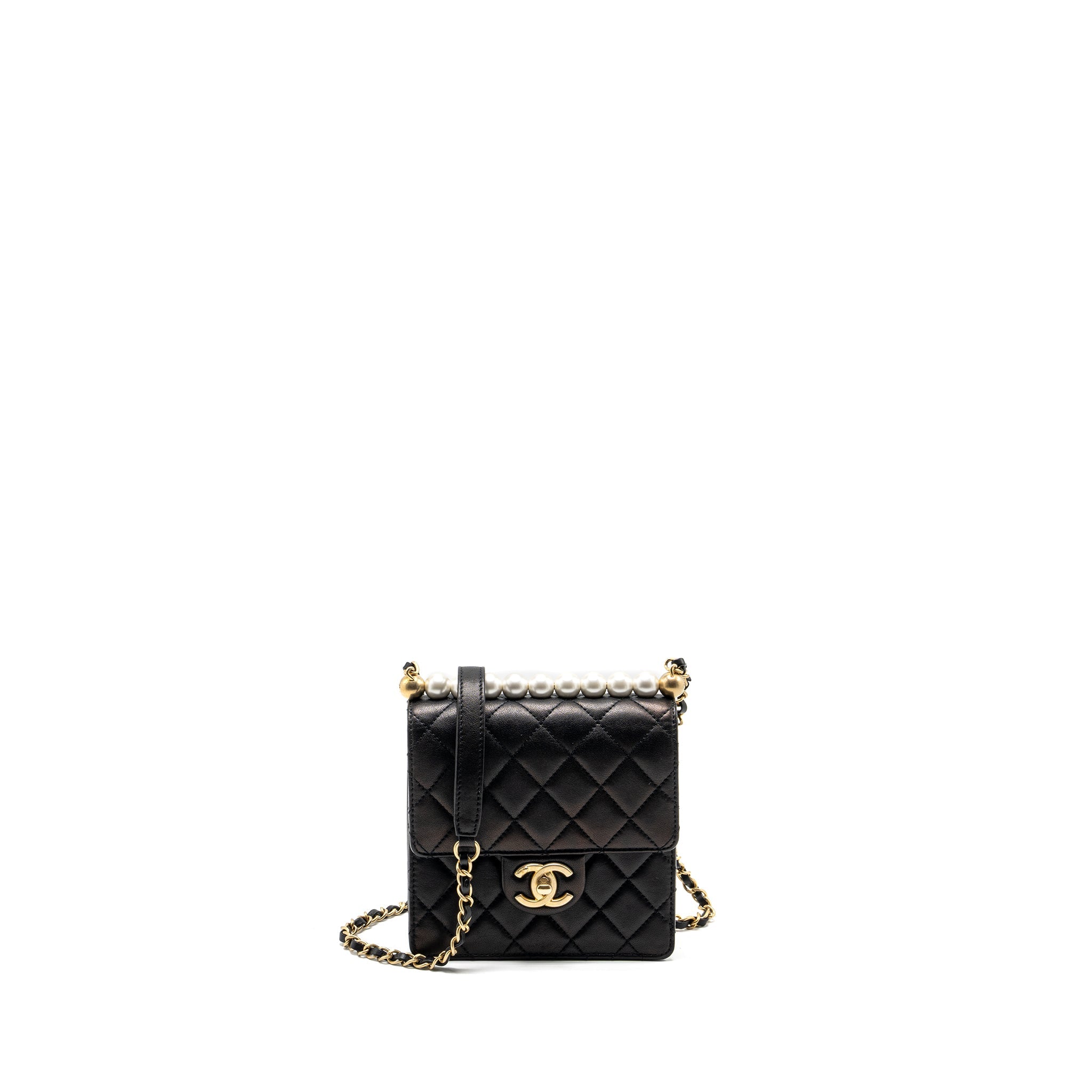 CHANEL VERTICAL PEARL FLAP BAG GOATSKIN BLACK GHW