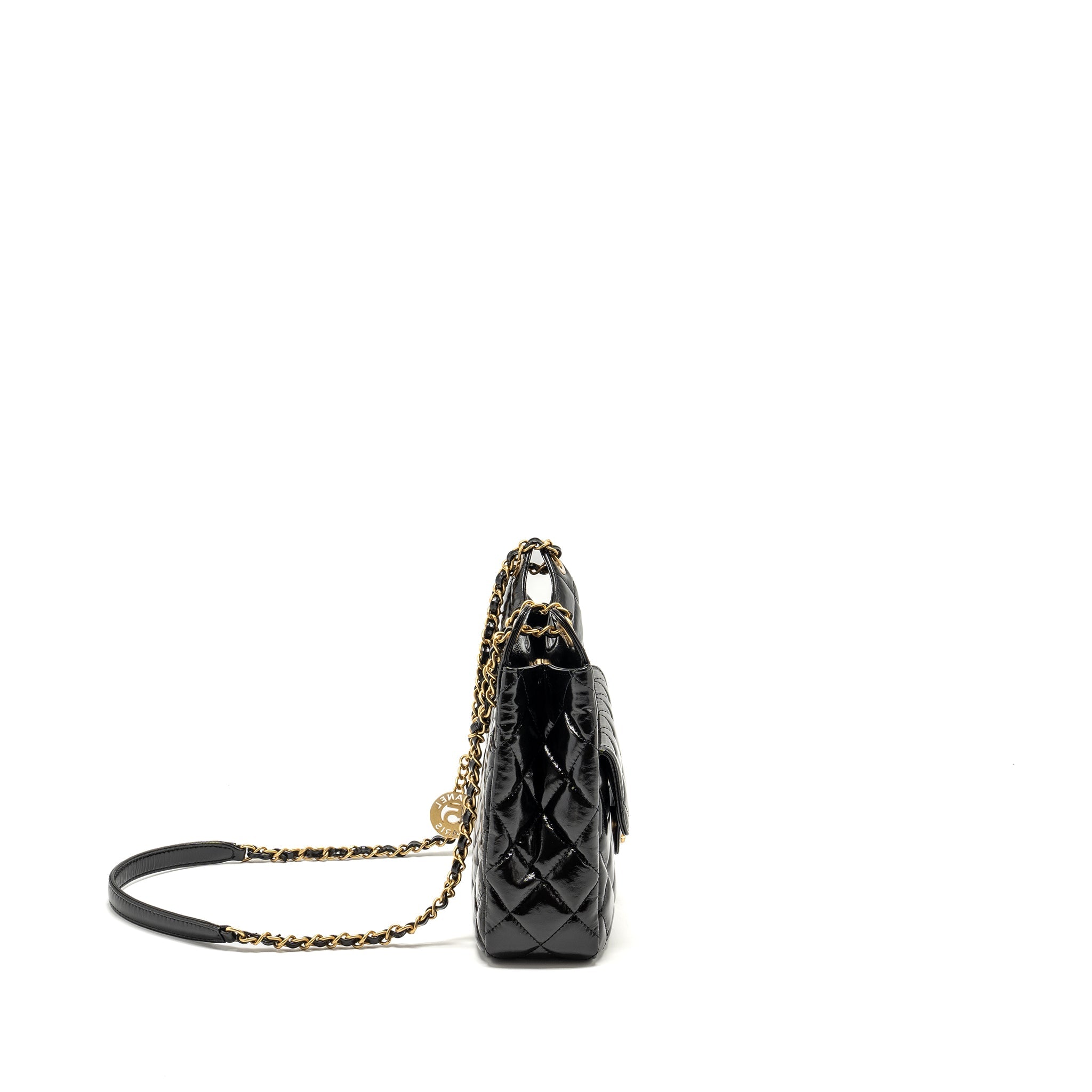 CHANEL 23C HOBO BAG SHINY CALFSKIN BLACK BRUSHED GHW (MICROCHIP)