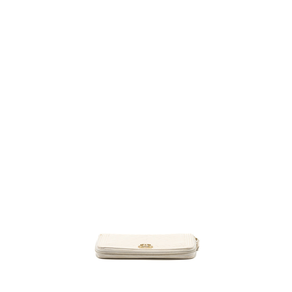 CHANEL BOY ZIPPER LONG WALLET CAVIAR WHITE LGHW
