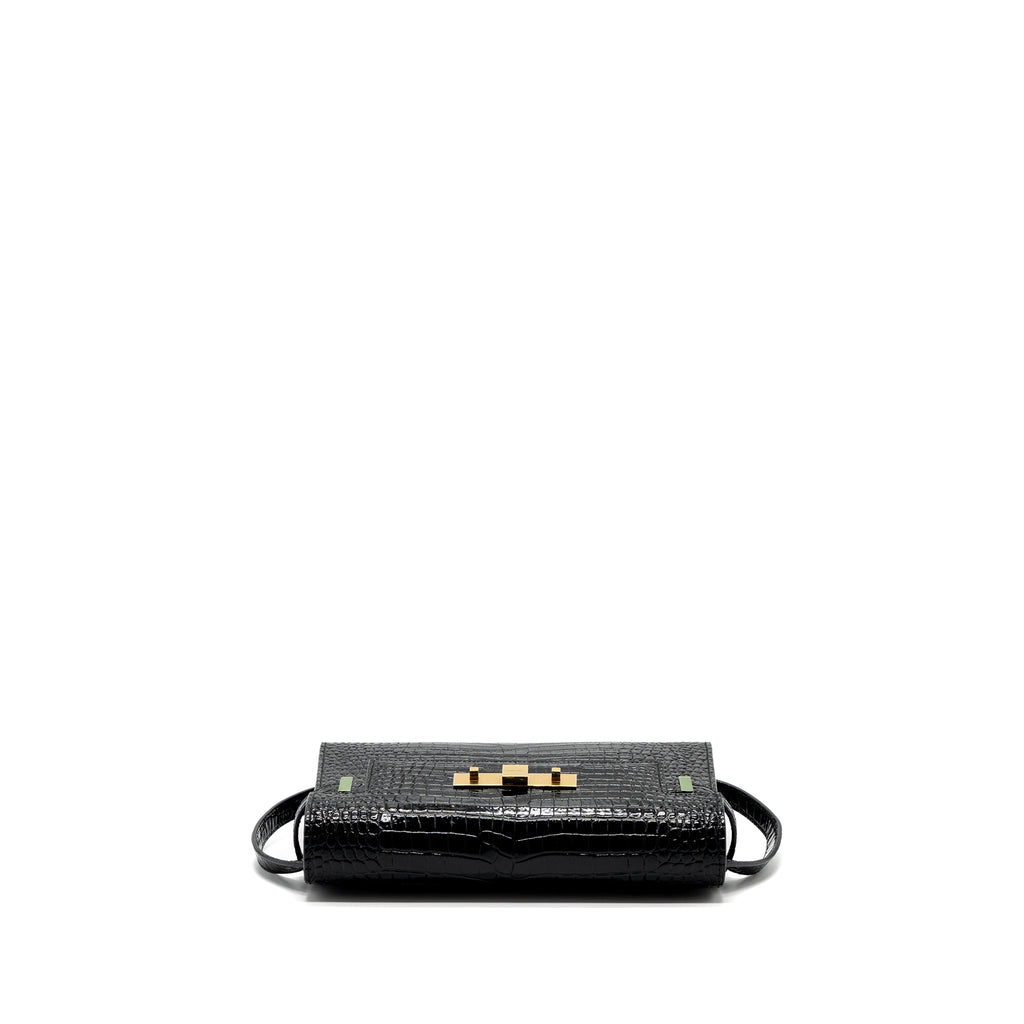 SAINT LAURENT MANHATTAN SHOULDER BAG CROCODILE-EMBOSSED BLACK GHW